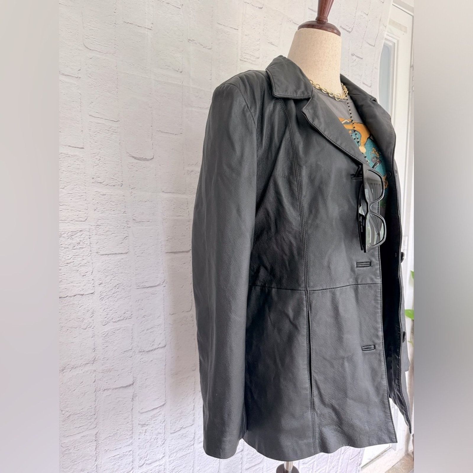 Vintage 100% Leather Vintage Style Blazer. DIALOGUE Leather Jacket Size L / US 10 / IT 46 - 3 Thumbnail