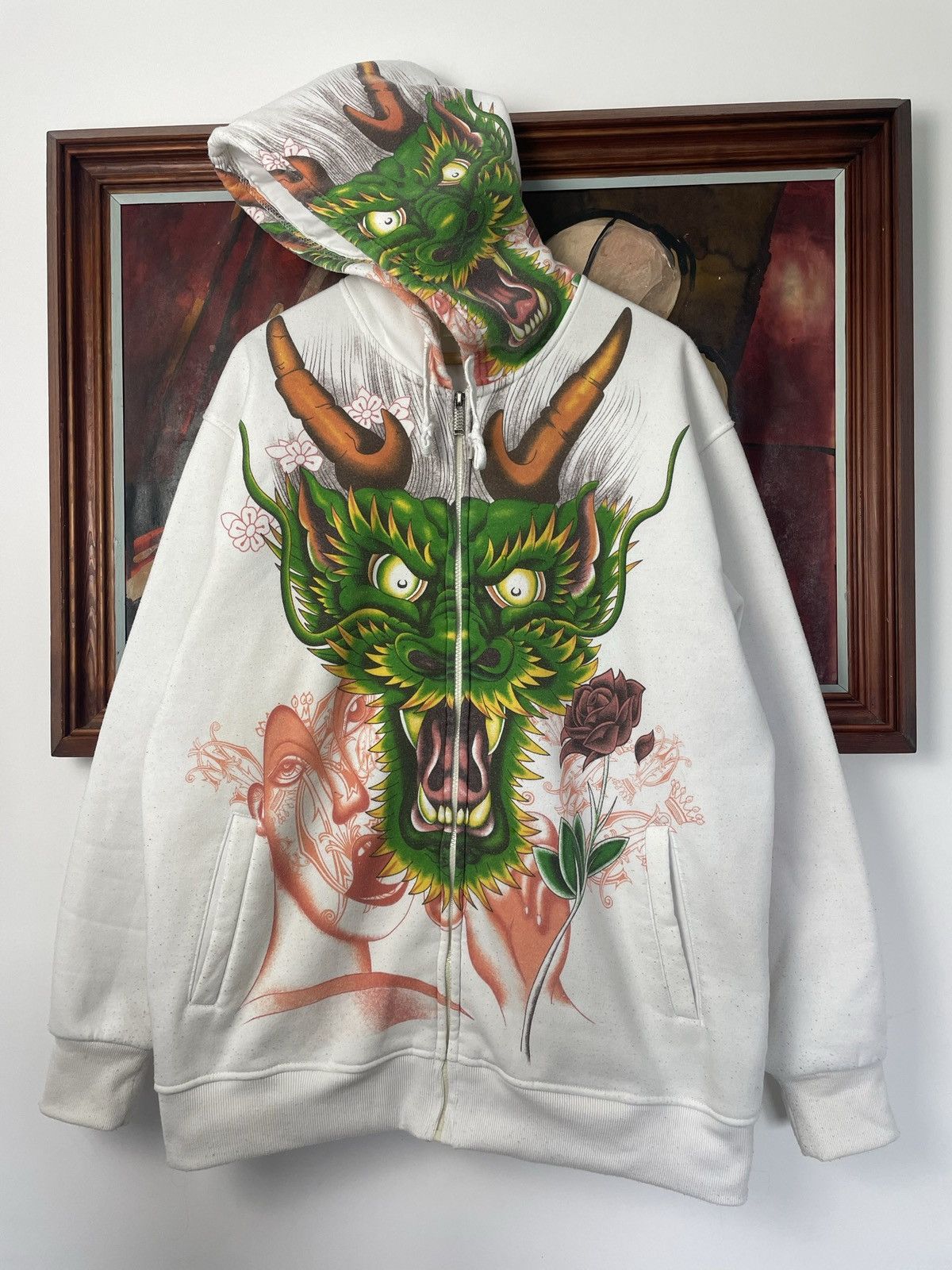 image of Avant Garde x Vintage Drip Zip Hoodie Like Really Point Ed Hardy Audigier Dragon in White (Size XL)