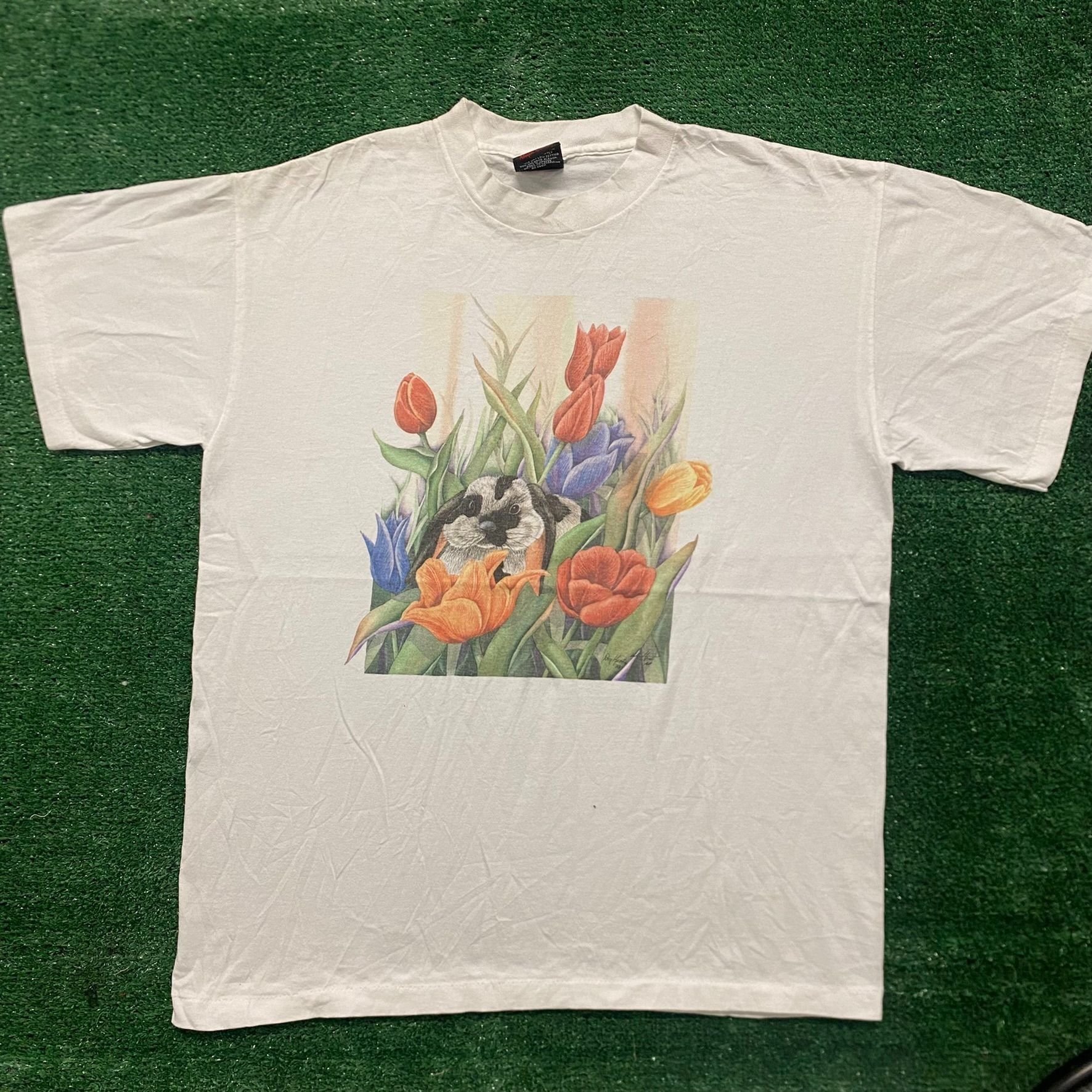 Vintage Vintage 90s Rabbit Flower Cute Nature Art Single Stitch Tee ...