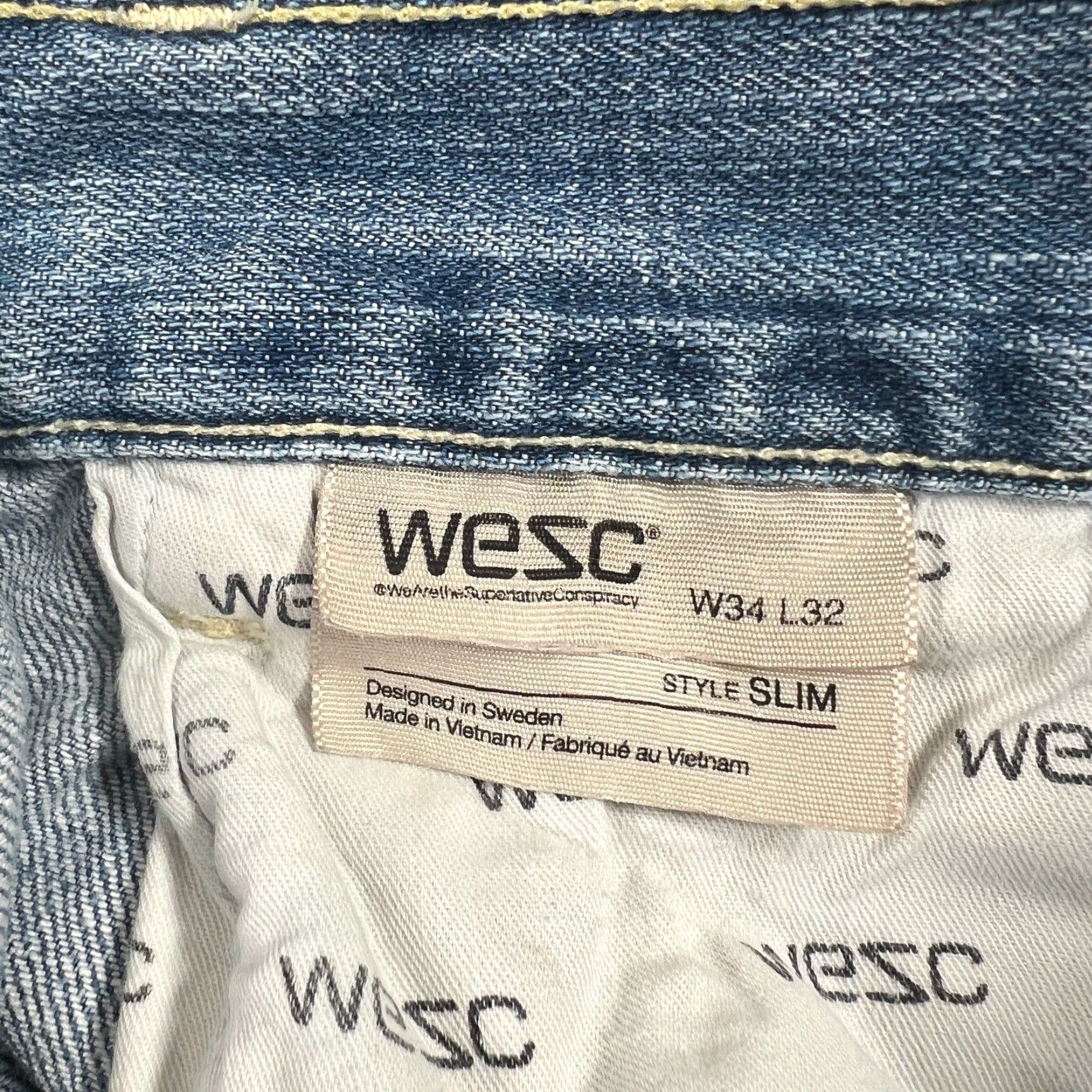 WeSC WeSC Blue Jeans Mens 34x31 Slim Fit Light Wash Denim Stretchy Whiskers Tag 34x32 Slimming Button Classic American Straight Clothing Size US 34 / EU 50 - 7 Thumbnail