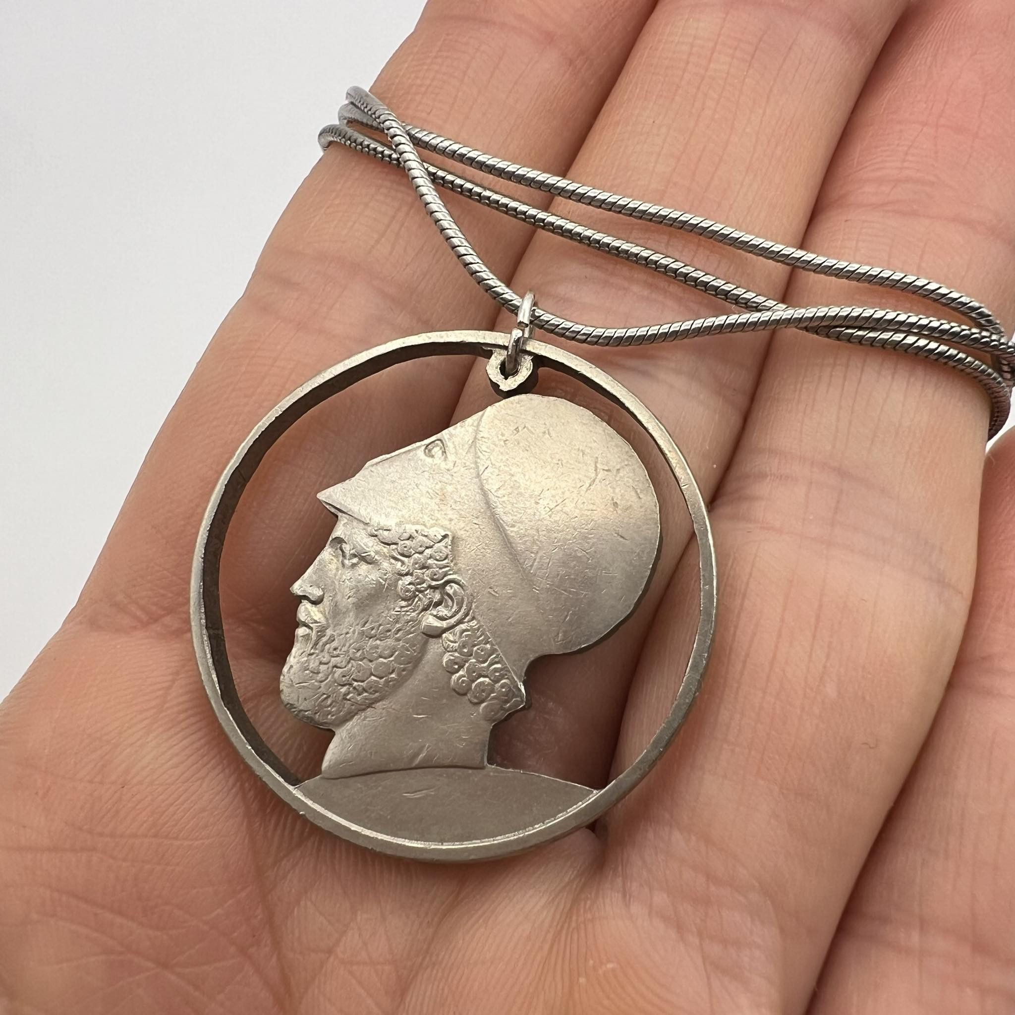 Sterling Silver 1980 Vintage Jewelry Silver 925 Necklace Greece Silver Coin Size ONE SIZE - 1 Thumbnail