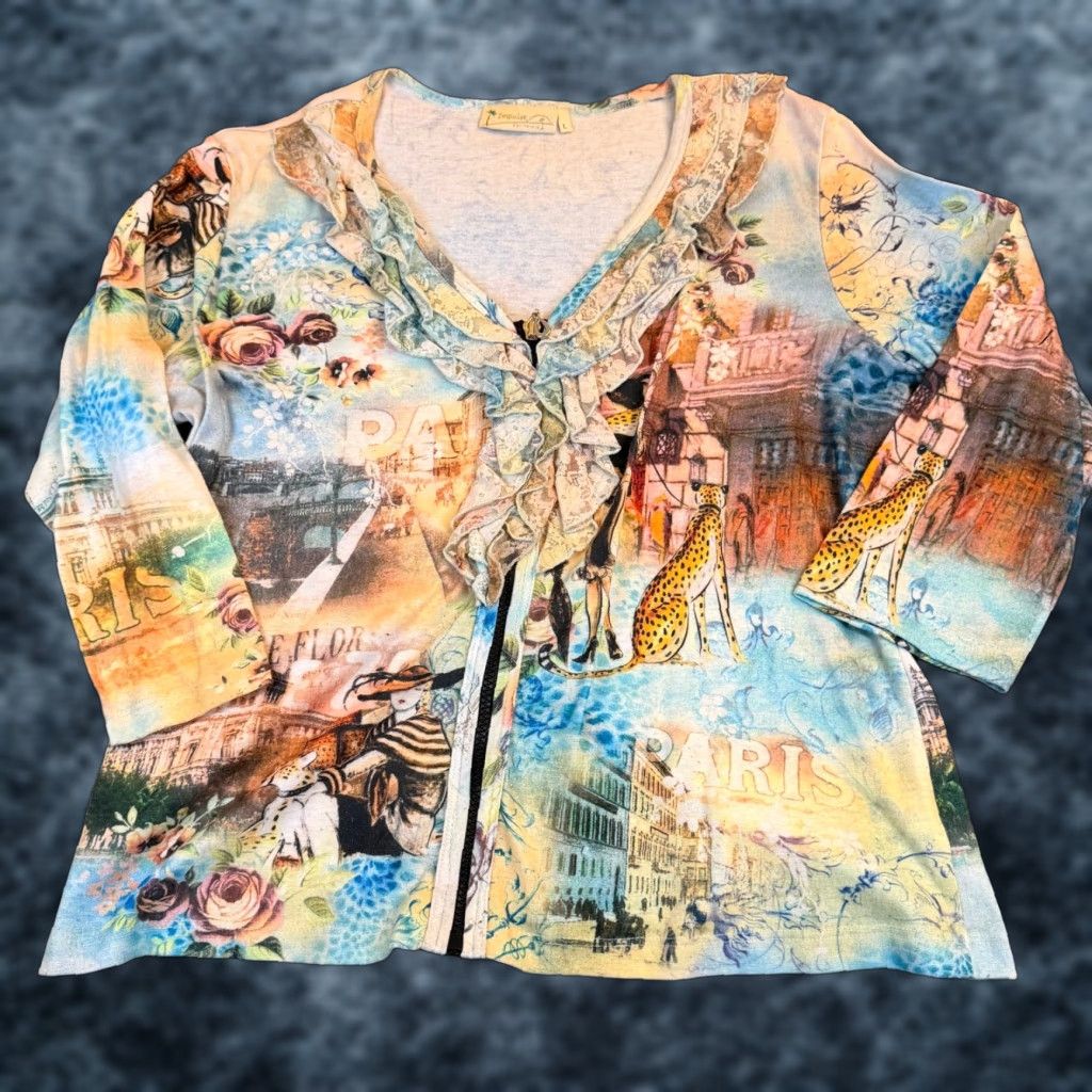 Vintage Impulse California Paris Scenic Top Womens L Cheetah Ruffle Zip Vintage Display Lace 3/4 Sleeve Size L / US 10 / IT 46 - 1 Thumbnail