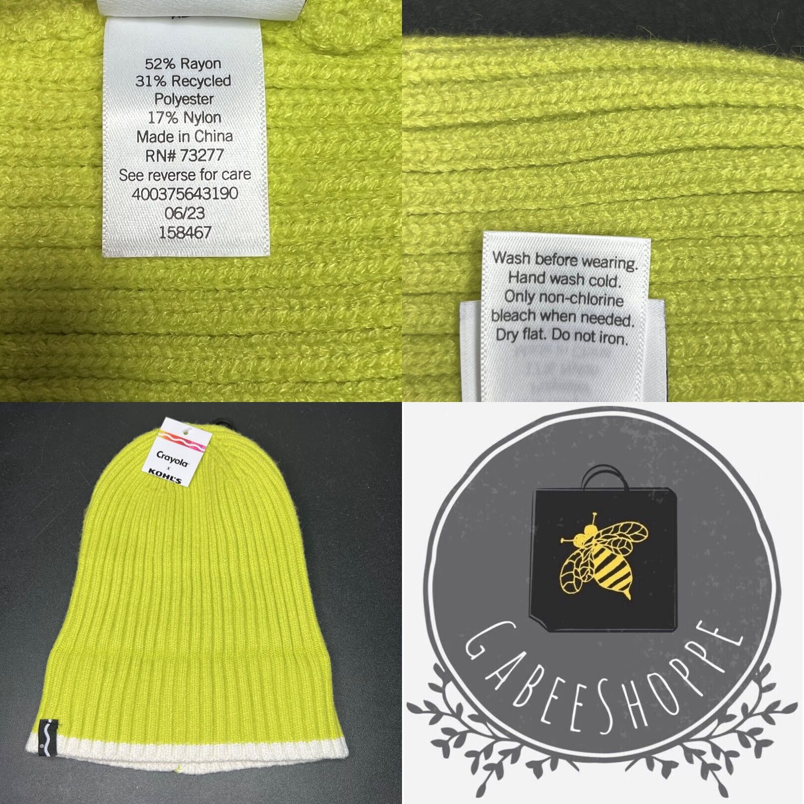 Vintage Crayola Kohls Women's Beanie Knit Hat One Size Lime Green White Sulphur Logo Knit Fall Winter Size ONE SIZE - 8 Thumbnail
