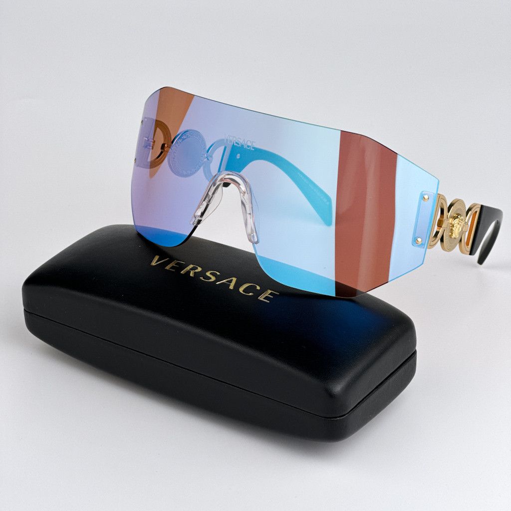 image of New Versace Ve2258 1002Ma Shield Unisex Sunglasses in Pink Mirrored Blue/Pink Mirrored Blue, Women'