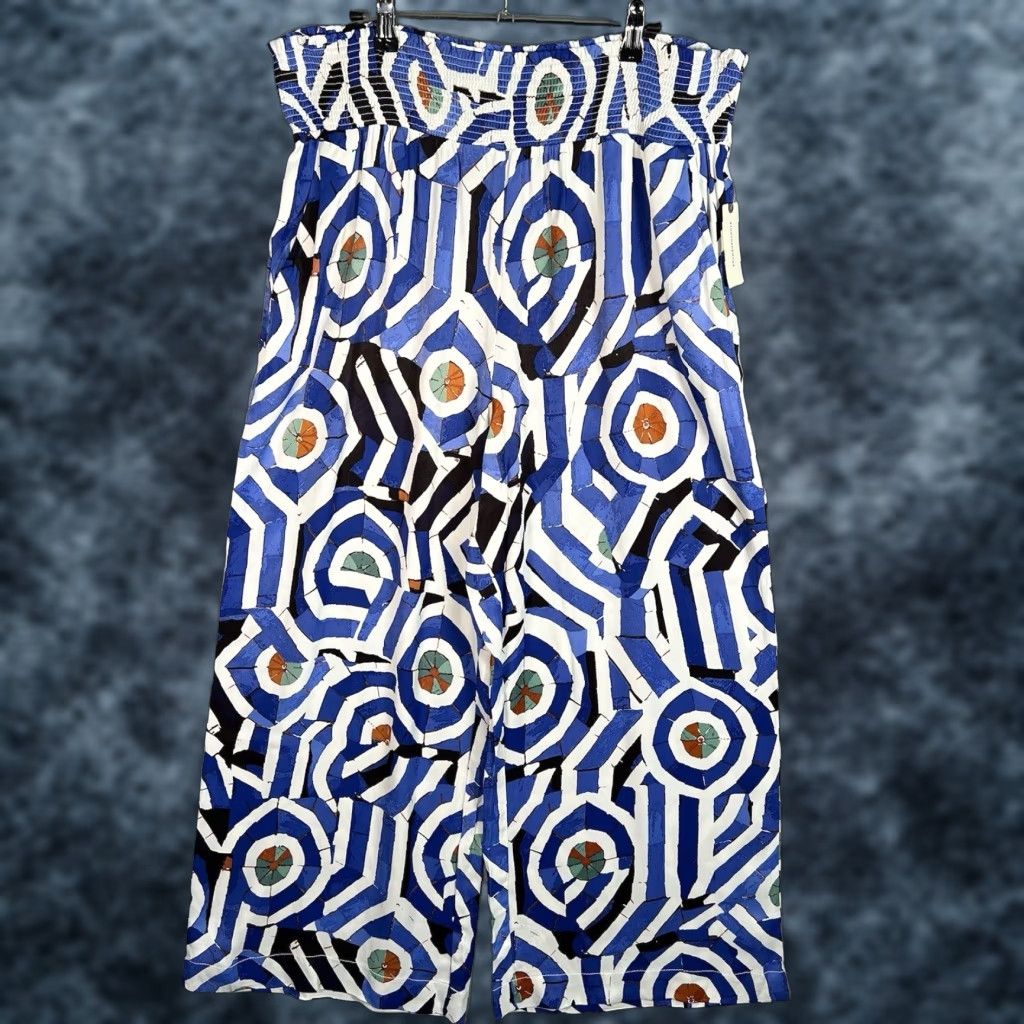 Anthropologie VINTAGE Anthropologie The Saria Smocked Wide-Leg Pants Women XL Floral Satin Bohemian 60s Blue Size 40" / US 18 - 1 Thumbnail