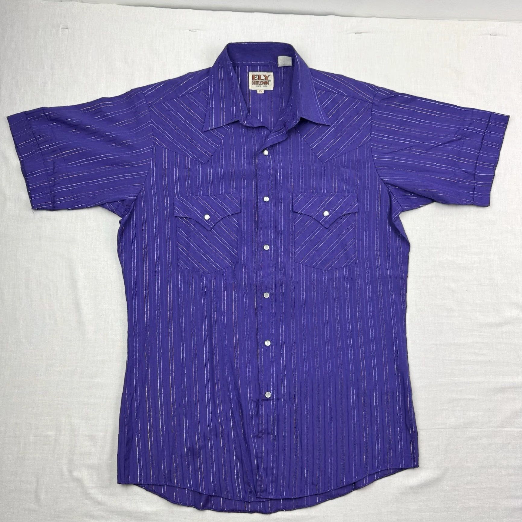 Vintage VINTAGE Ely Cattleman Shirt Adult 15 Striped Button-Up Short Sleeve Western 90s Mens Purple Size US M / EU 48-50 / 2 - 2 Thumbnail