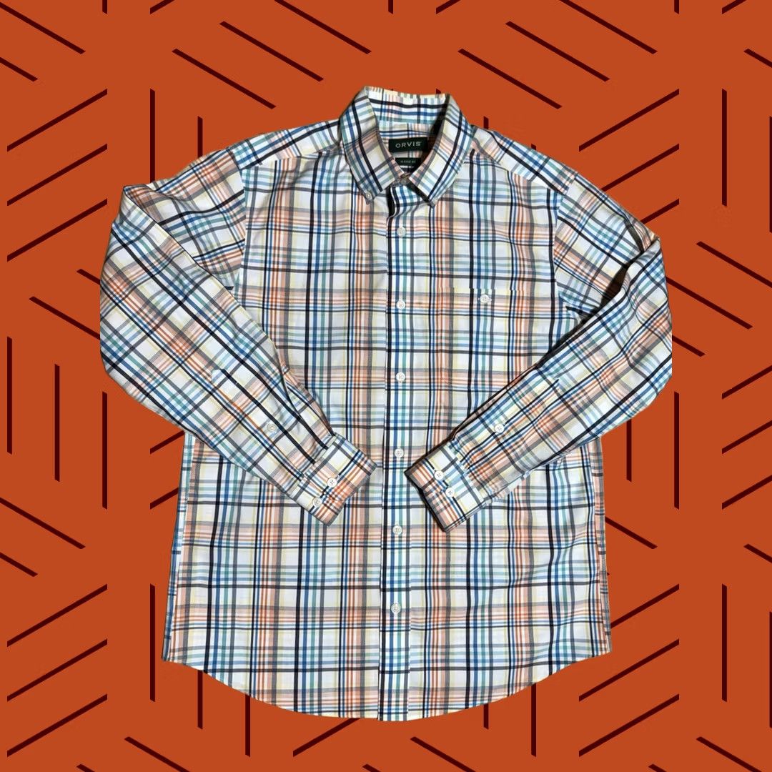 Orvis Shirt Mens M Multicolor Plaid Classic Fit Long Sleeve Stretch Cotton Wrinkle Free, Men's