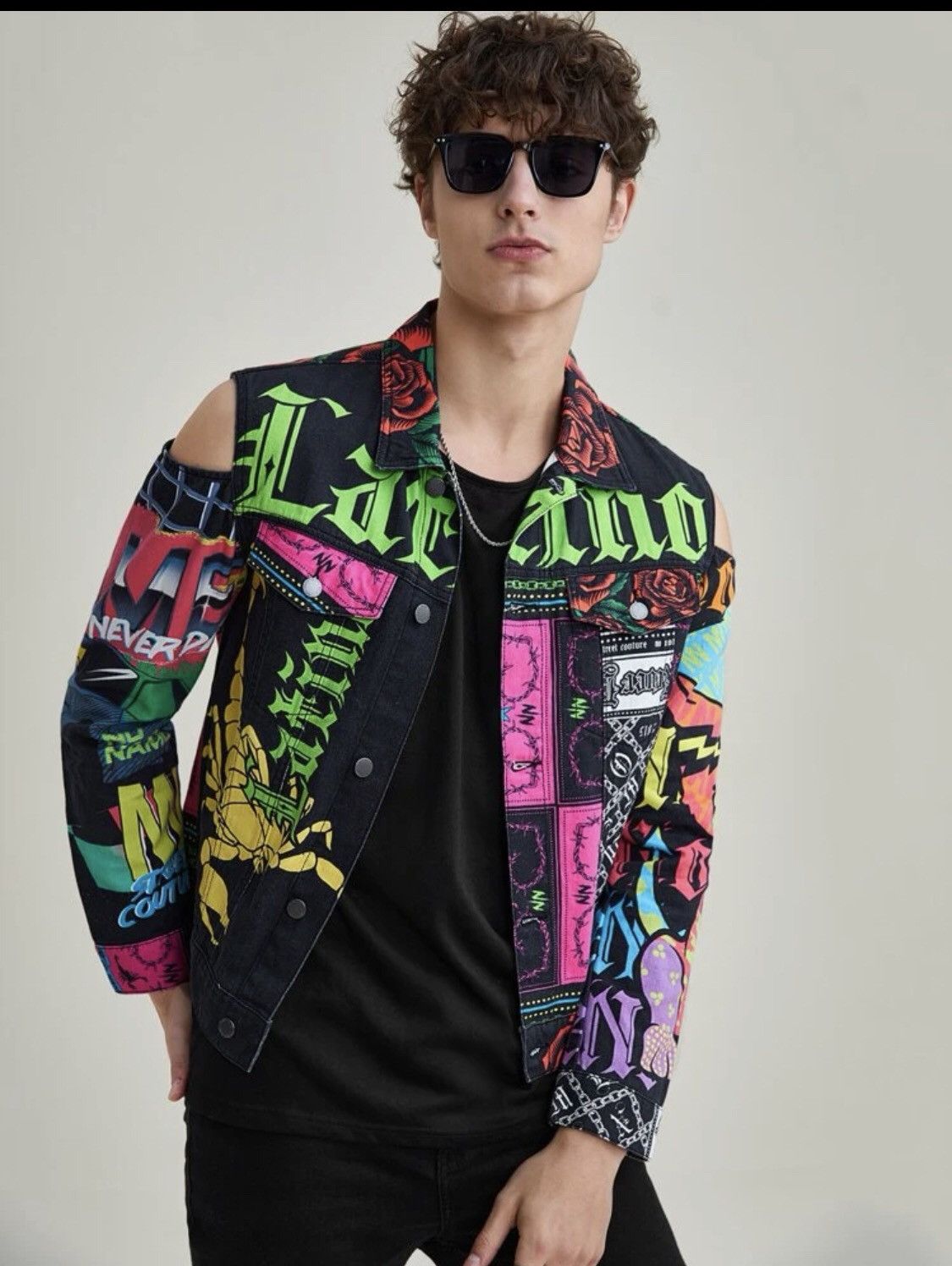 Floral & Letter Graphic Cold Shoulder Denim Jacket