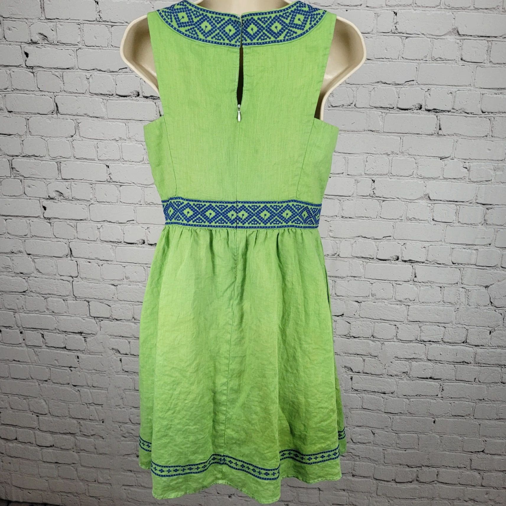 Lands' End Lands' End Green 100% Linen Embroidered Sleeveless Lined Short A-Line Dress 6 Size 28" / US 6 / IT 42 - 2 Thumbnail