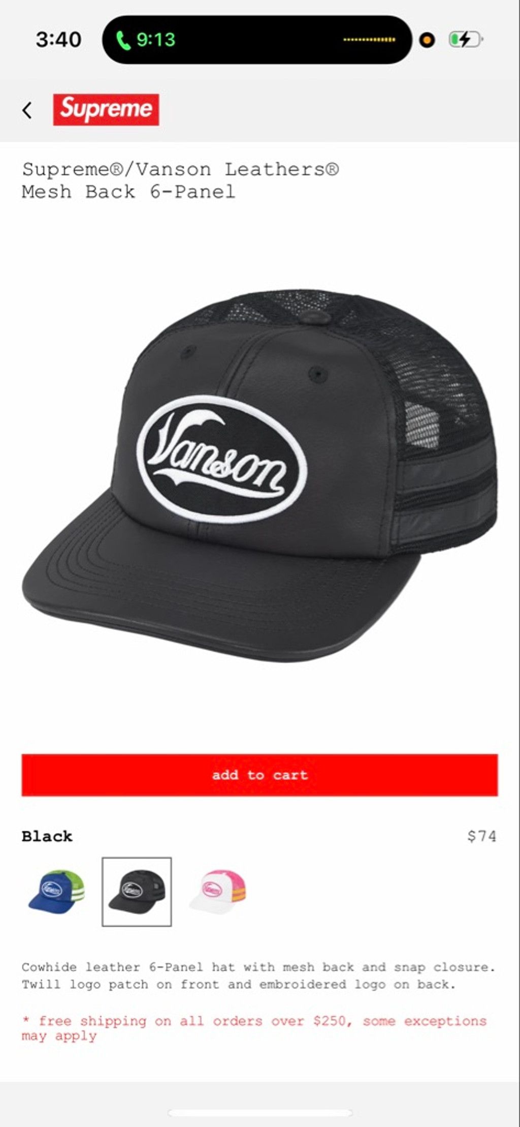Supreme x Vanson Leathers Mesh Back 6-Panel Hat Black Supreme