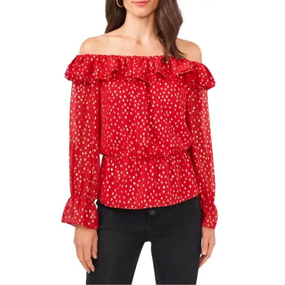 Vince Camuto NWT New Vince Camuto Red Off the Shoulder Foil Chiffon Blou Size XS / US 0-2 / IT 36-38 - 1 Thumbnail