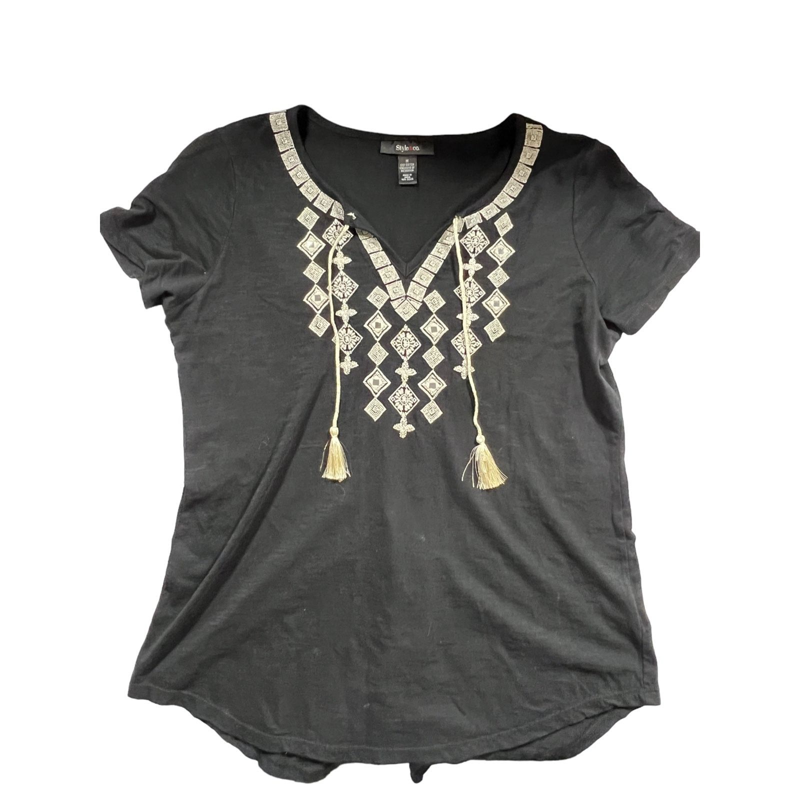 Other Style & Co. Black Shirt with Embroidery and Tassels Medium Size M / US 6-8 / IT 42-44 - 1 Thumbnail