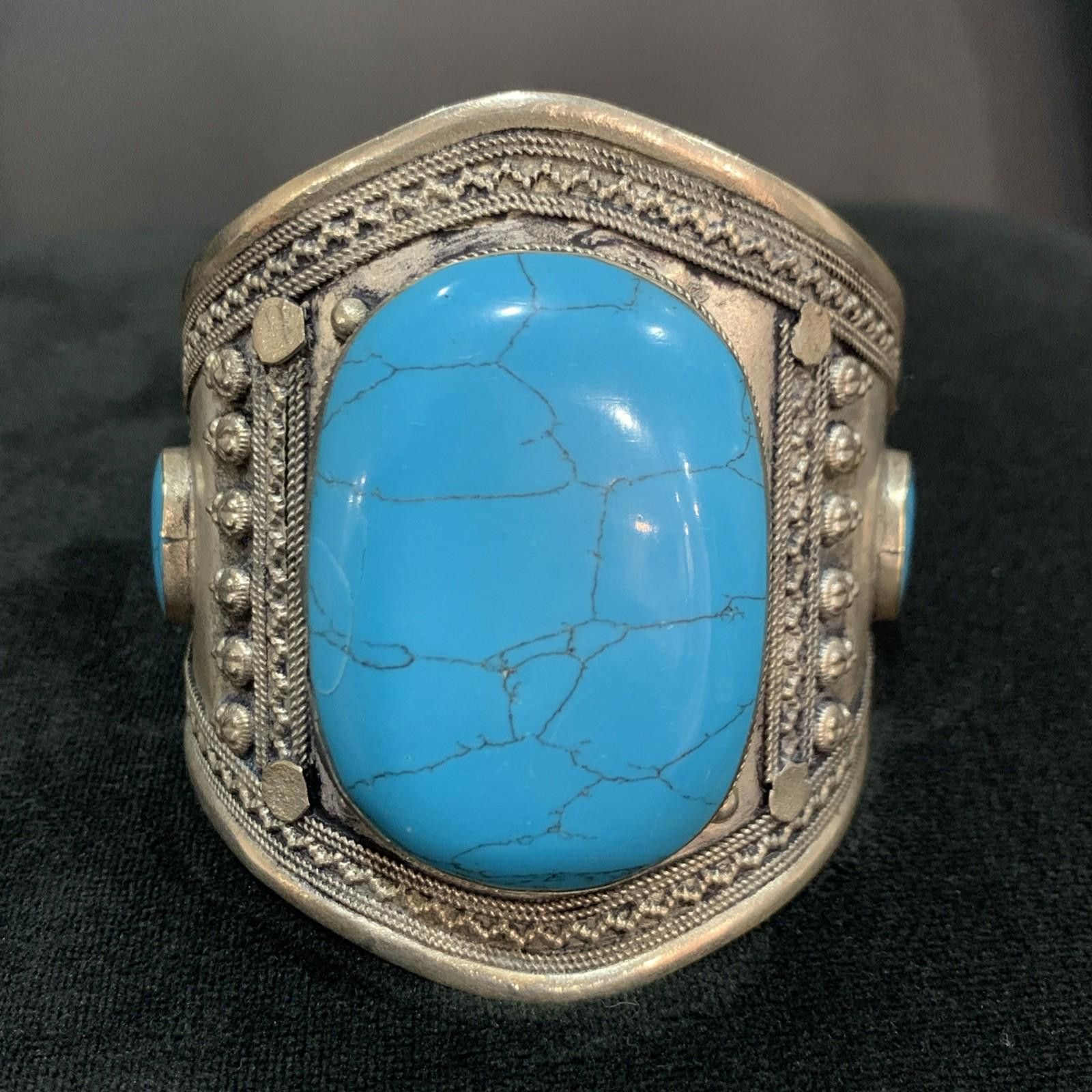 Other Vintage Afghani Silver Handmade Adjustable Bangle Turquoise Size ONE SIZE - 9 Thumbnail