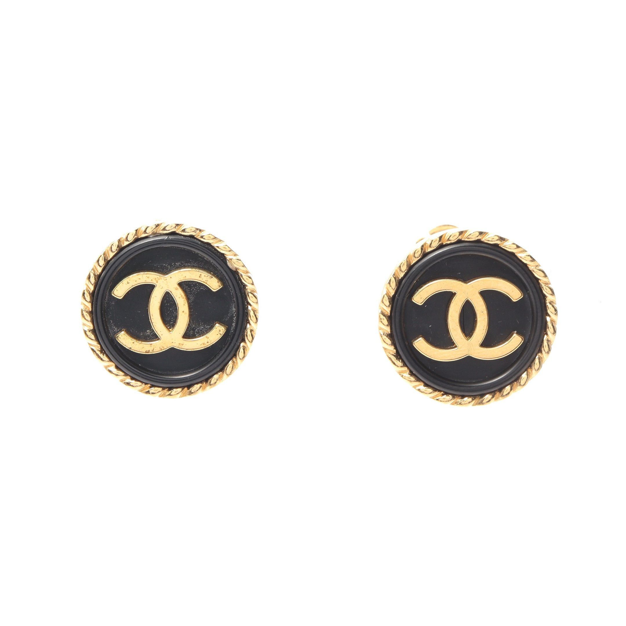 image of Chanel Coco Mark Earrings Gp Gold Black 97A, Women's