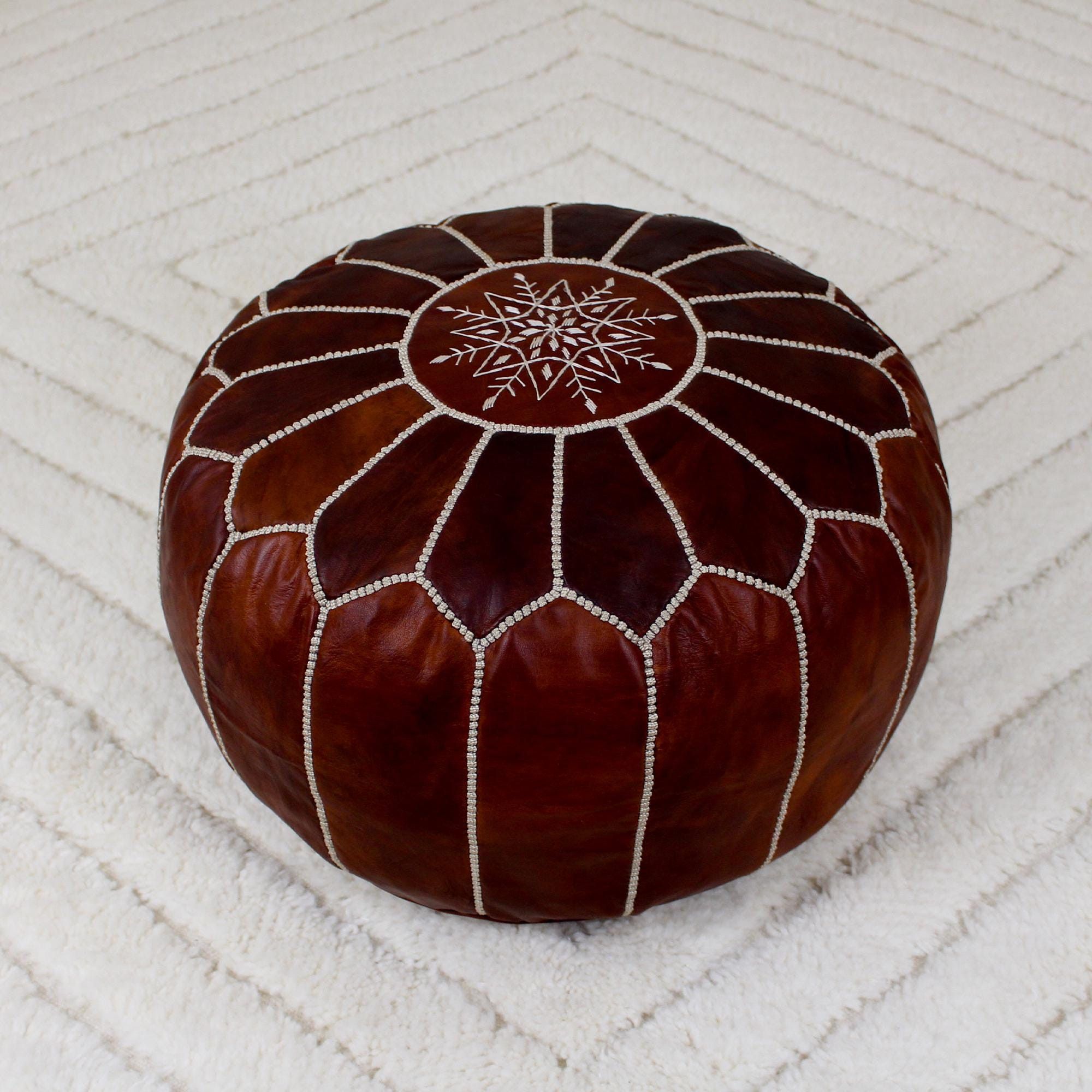 Leather × Vintage Round Handmade Leather Dark Brown Pouf Size ONE SIZE - 2 Thumbnail