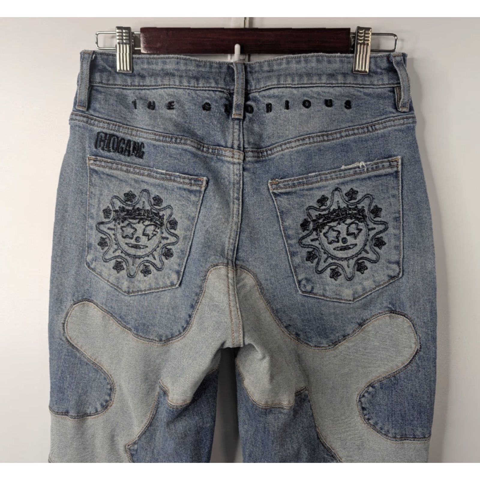 Vintage Glo Gang Jeans Unisex Adults Denim Hip-Hop High Street Retro Stitching Raw Hem Size 32 Blue 36 In Inseam Flared Mens Womens Boys Girls Size US 32 / EU 48 - 6 Thumbnail