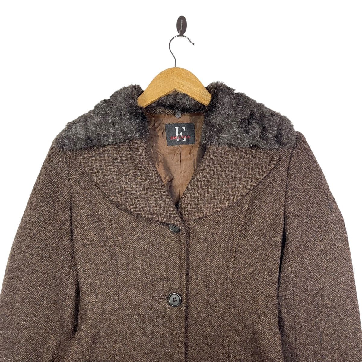 Vintage Emilyan Faux Fur Collar Herringbone Wool Long Coat Belted Size M / US 6-8 / IT 42-44 - 2 Thumbnail