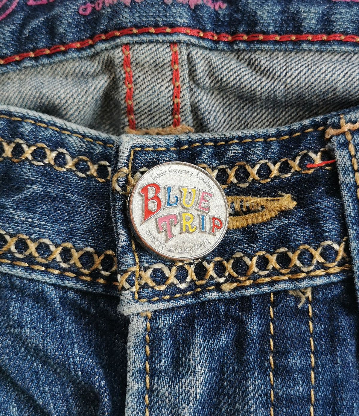 Edwin Edwin Blue Trip Leather Trim Distressed Jeans Size 29" - 6 Thumbnail