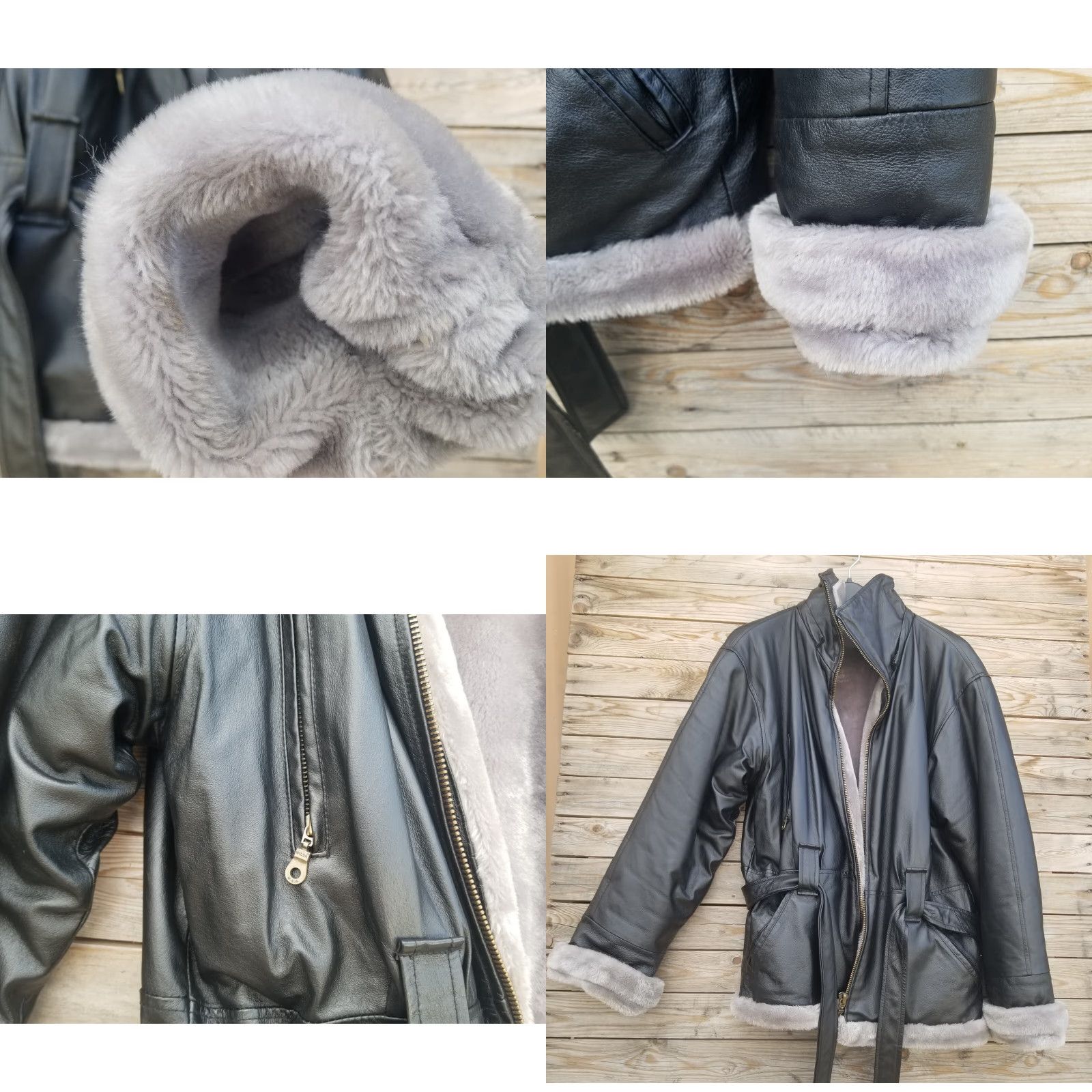 Vintage VINTAGE Wilda Leather Coat Jacket Black Gray Faux Fur Lined Zip Front Belted Collared Mid-Length Womens S Coat & Jacket Mix City Classic Size S / US 4 / IT 40 - 8 Thumbnail