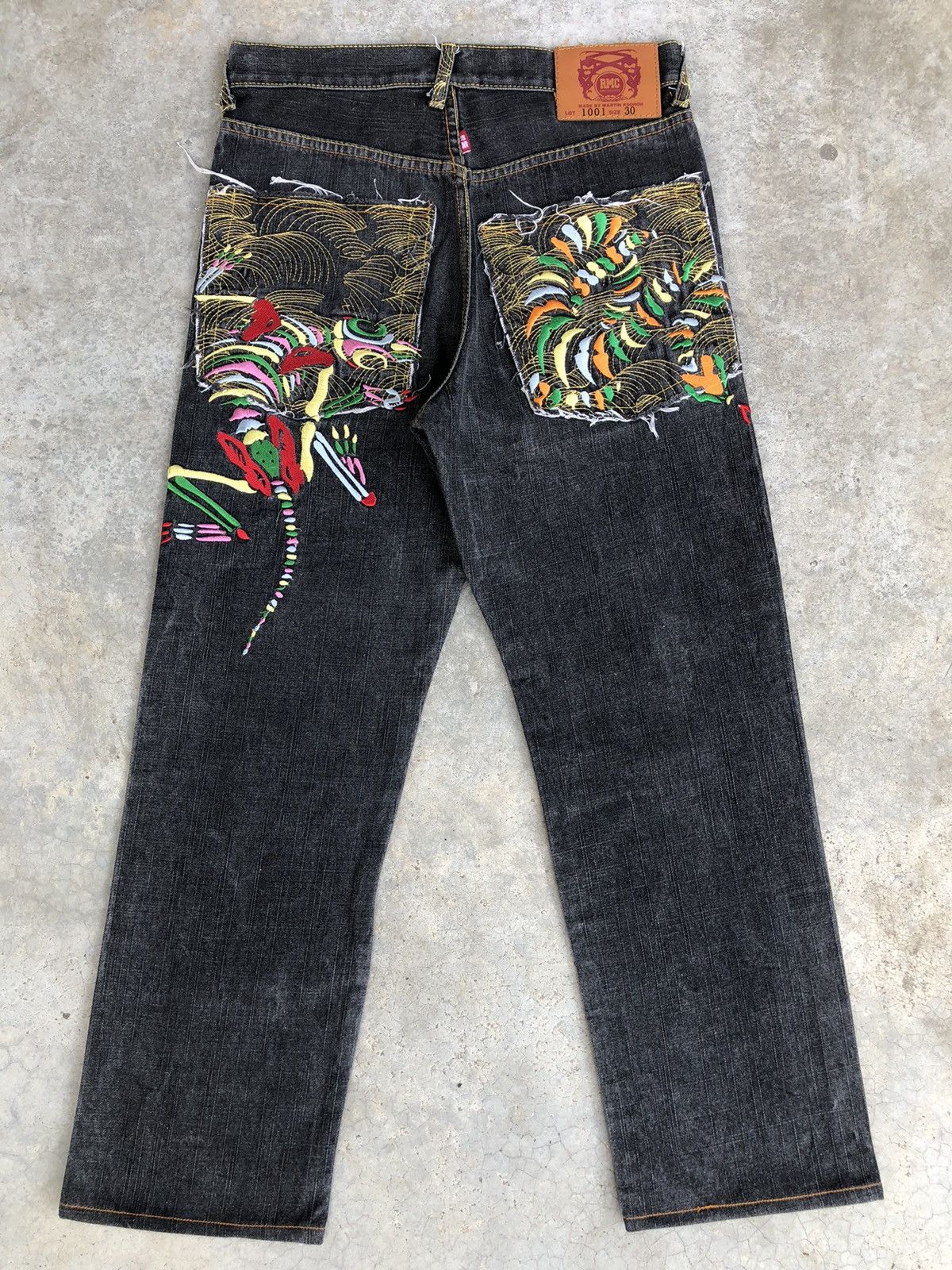 image of Red Monkey Company Embroidered Jeans Distressed in Black, Men's (Size 31)