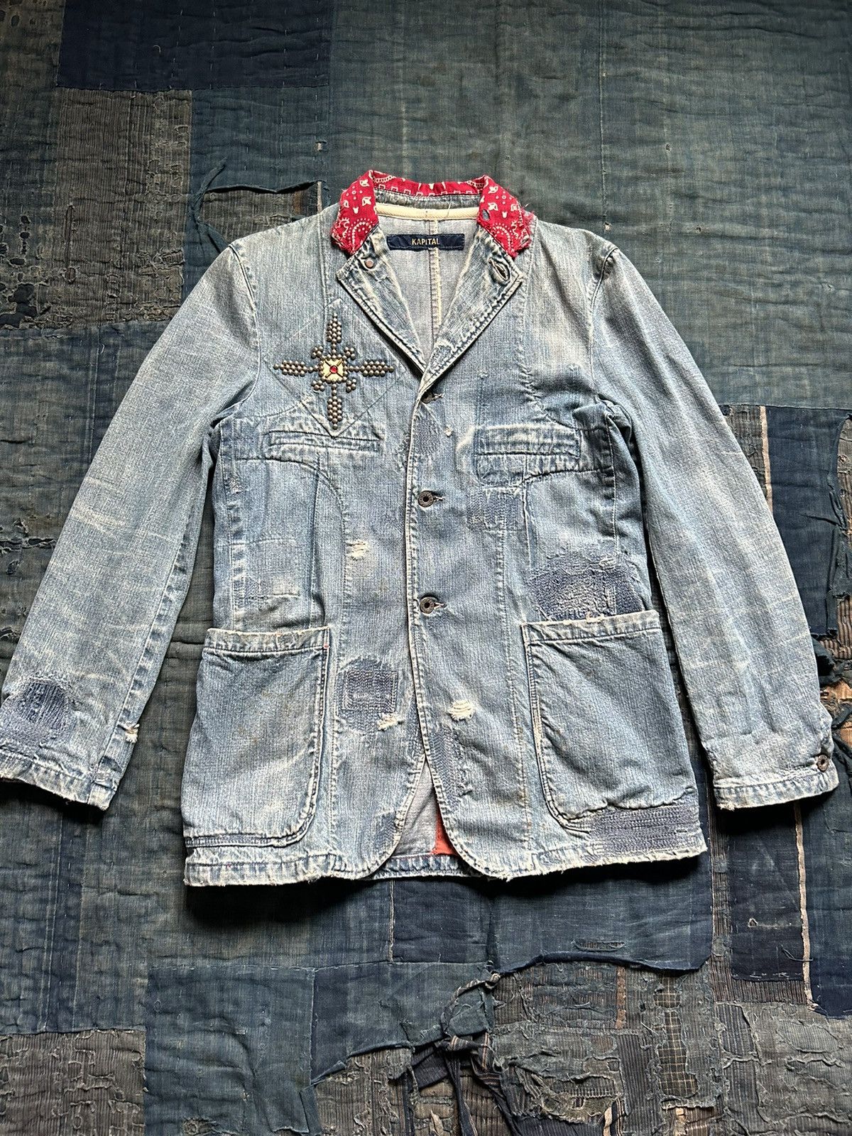 image of Kapital Denim Damaged Studs Coverall Jacket in Indigo, Men's (Size Medium)