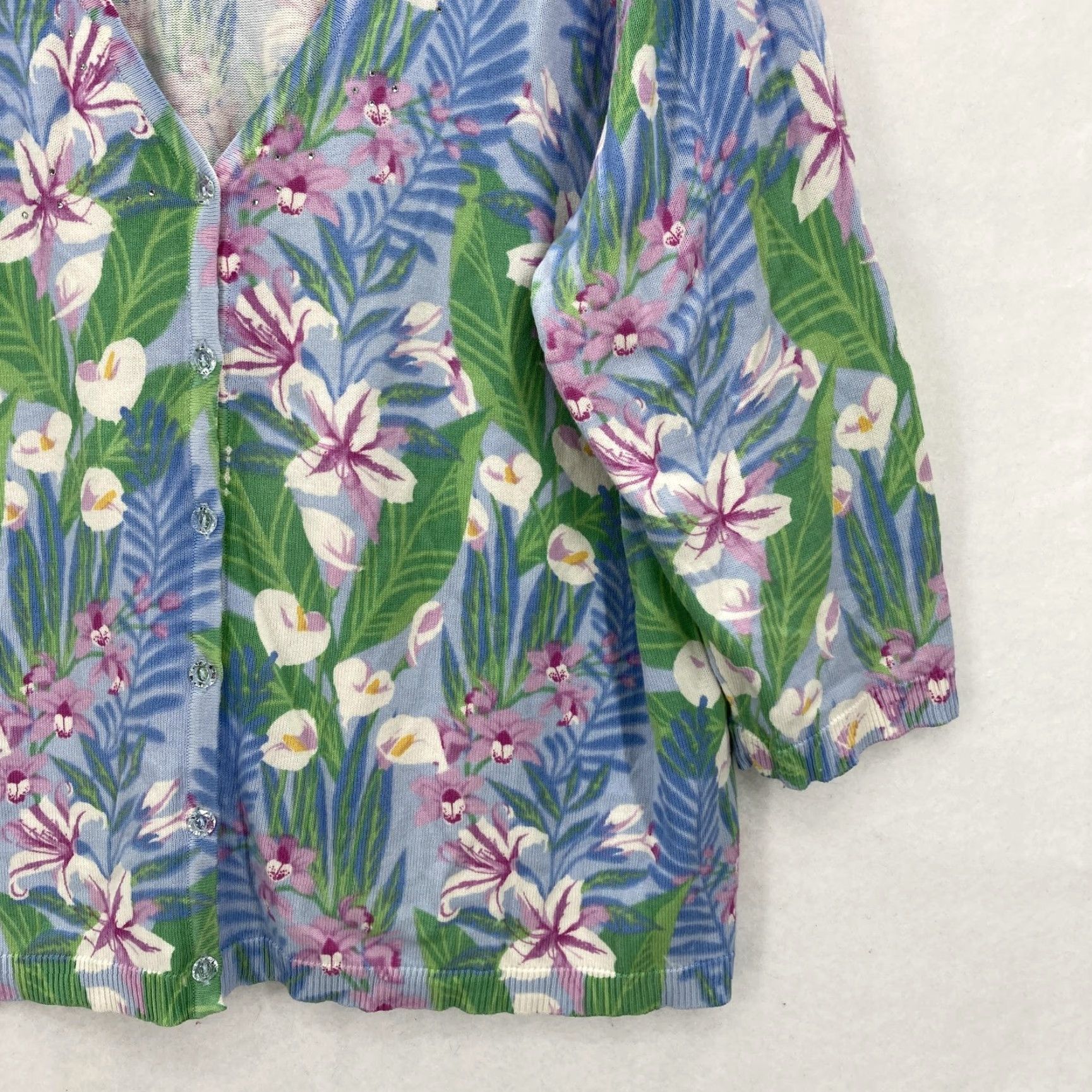 Quacker Factory Quacker Factory Cardigan Womens XL Blue Green Floral Print V Neck Button Front Size XL / US 12-14 / IT 48-50 - 3 Thumbnail