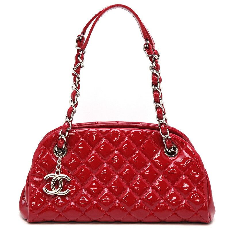 image of Chanel Just Mademoiselle Patent Bowling Bag in Red, Women's