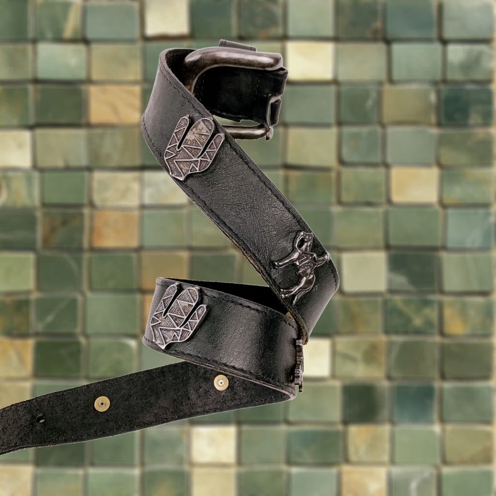 Vintage VINTAGE Patricia Green Black Leather Belt Size Small 31" Cactus Horse Conchos Womens Size ONE SIZE - 1 Thumbnail