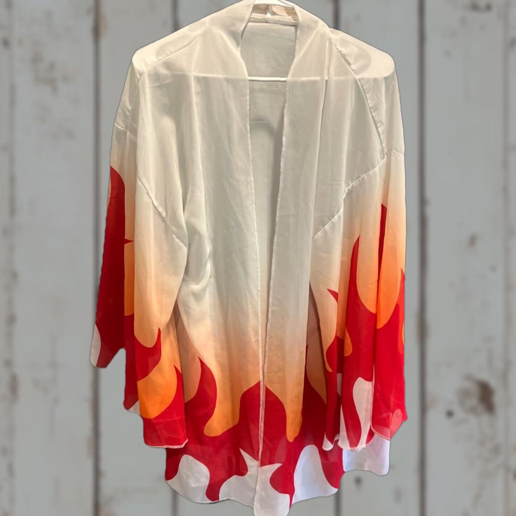 Vintage Flame FIRE Open Front Kimono Flowy Sheer Jacket Cardigan Red Orange Wide Sleeve Size ONE SIZE - 1 Thumbnail