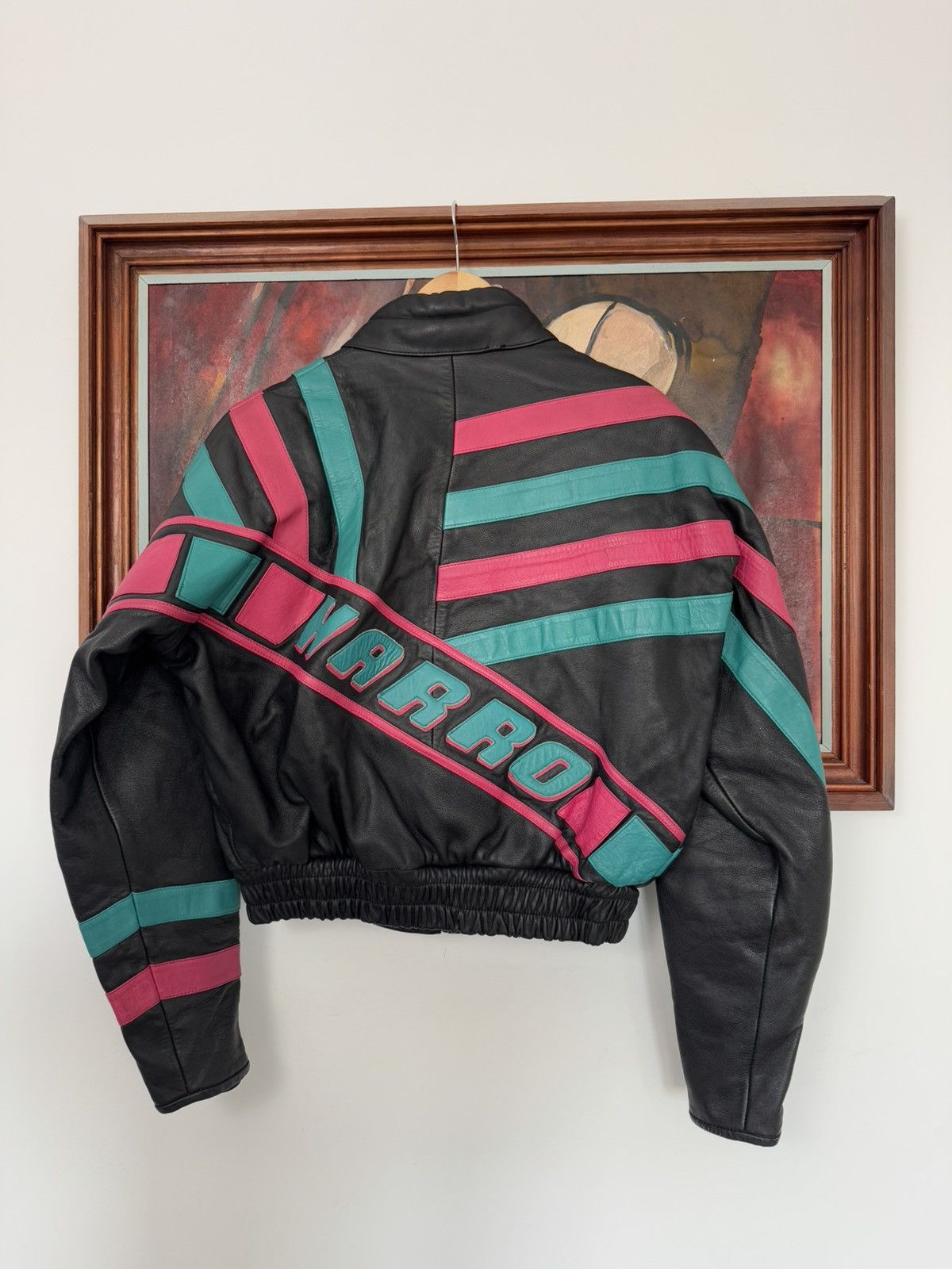Vintage Vintage 90s Cropped Boxy Leather Racing Jacket Black Pink Size US L / EU 52-54 / 3 - 2 Thumbnail