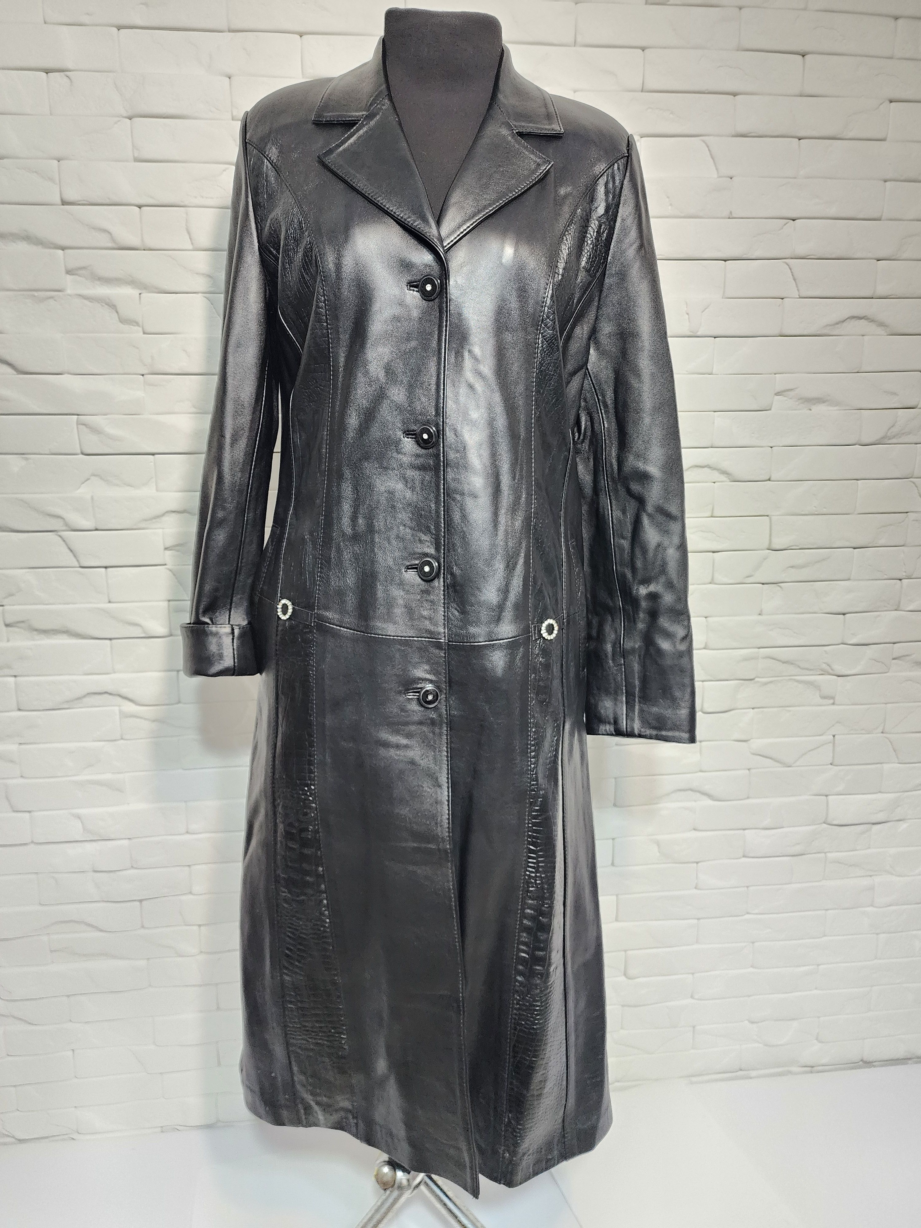 Genuine Leather Elegant Black Leather Raincoat: Women's Long Coat. Size L / US 10 / IT 46 - 1 Thumbnail