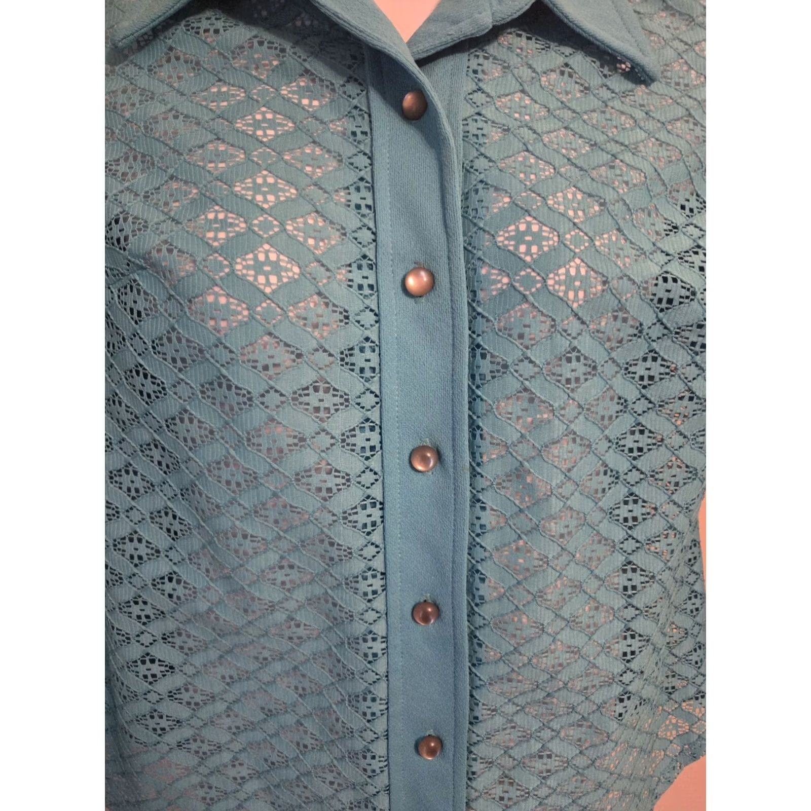 Vintage VINTAGE Teal Sheer Lace Blouse Top Plus 16.5 1970s Polyester Fortrel Shirt Womens Size XXL / US 16-18 / IT 52-54 - 2 Thumbnail