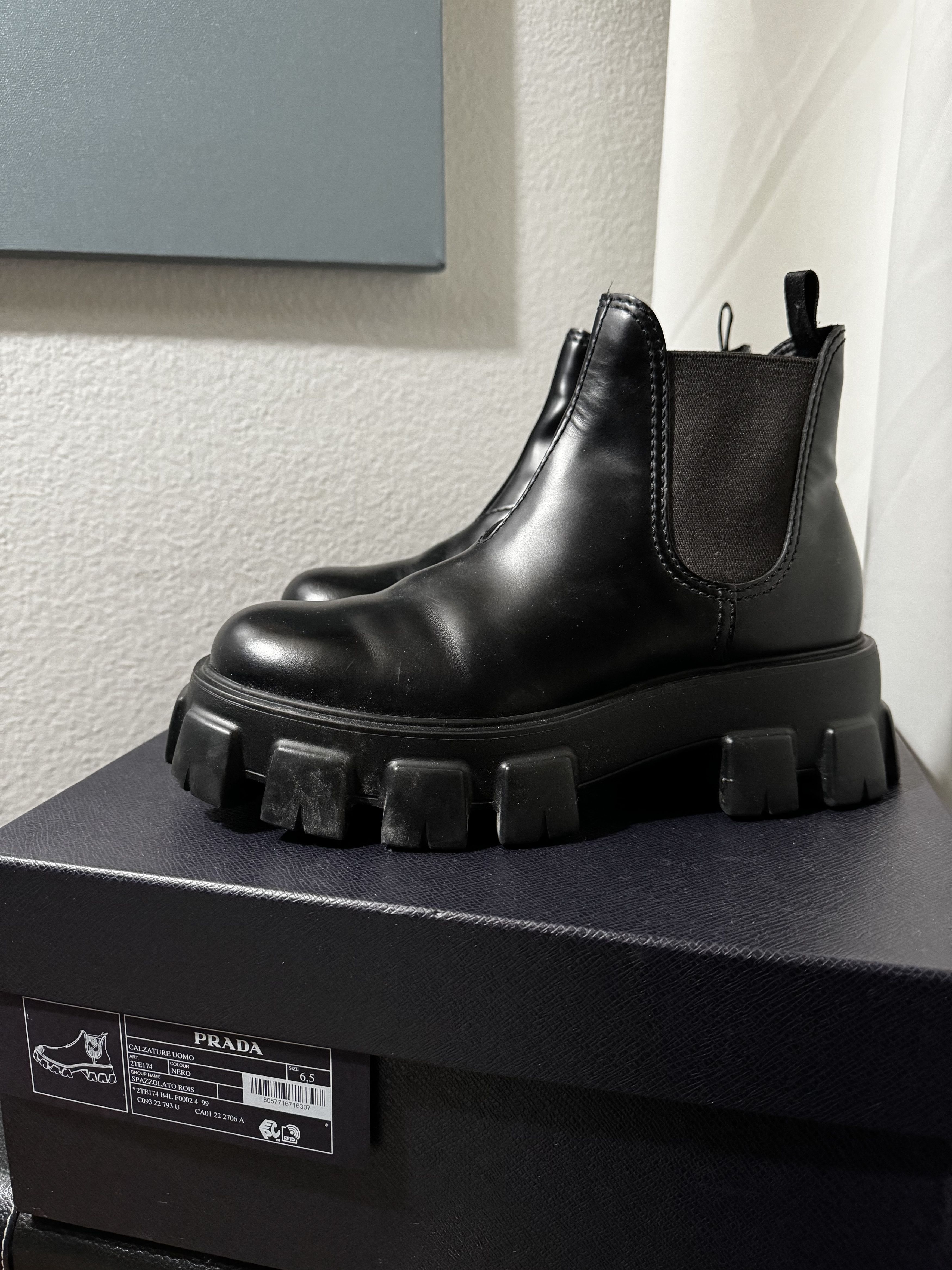 image of Prada Monolith Brushed Leather Chelsea Boots in Black, Men's (Size 7.5)