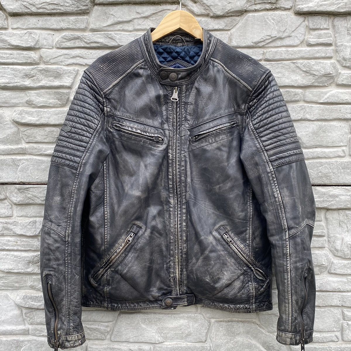image of Bomber Jacket x Racing Superdry Endurance Leather The Indy Circuit Faded Jacket in Black/Gray (Size