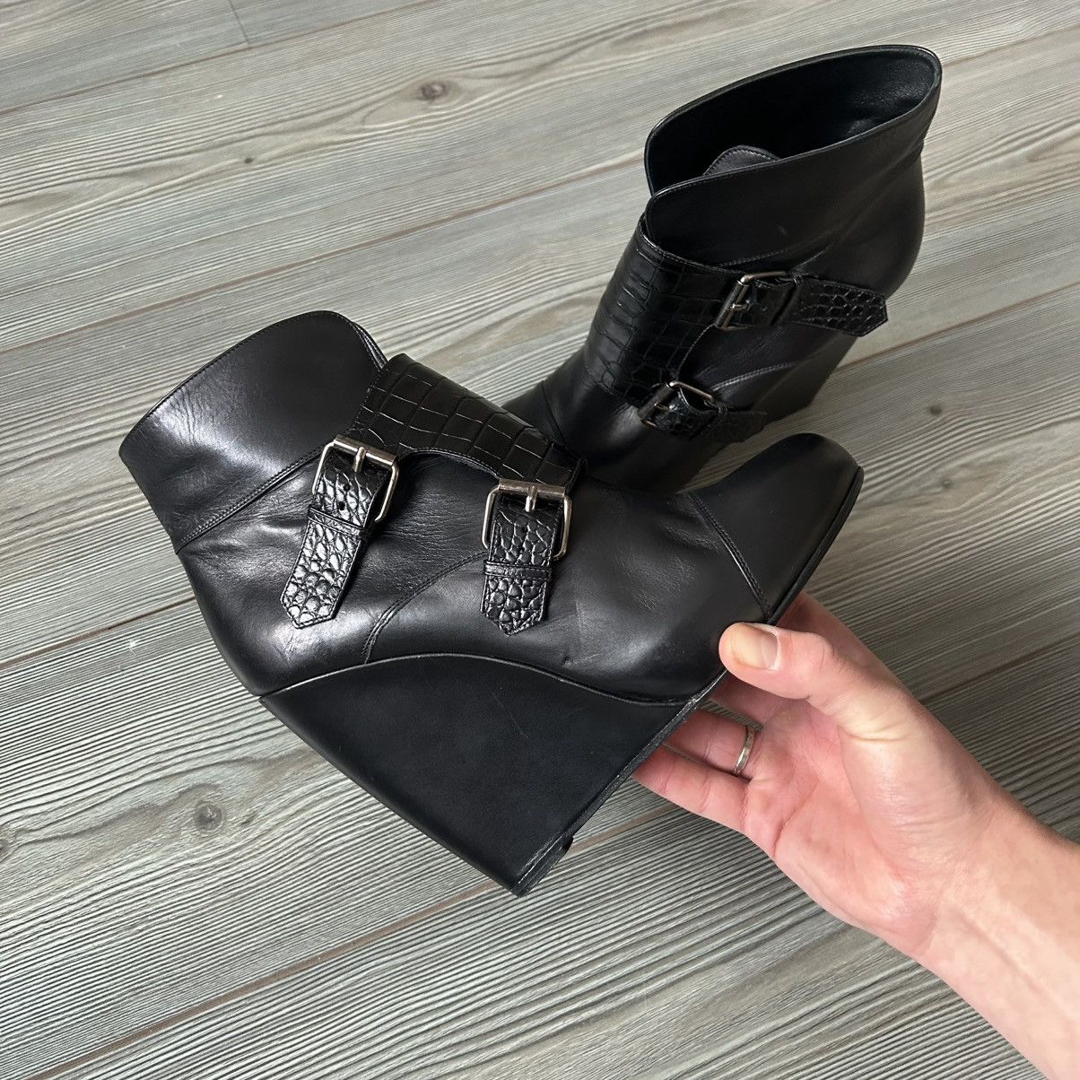 Sacai Sacai Black Buckle Leather Wedge Boots Size US 11 / IT 41 - 12 Thumbnail