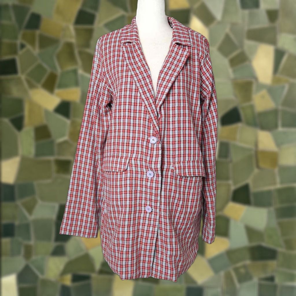 Asos ASOS Heartbreak red and blue plaid longline blazer jacket Women 8 Cotton Button front Pockets Size M / US 6-8 / IT 42-44 - 1 Thumbnail