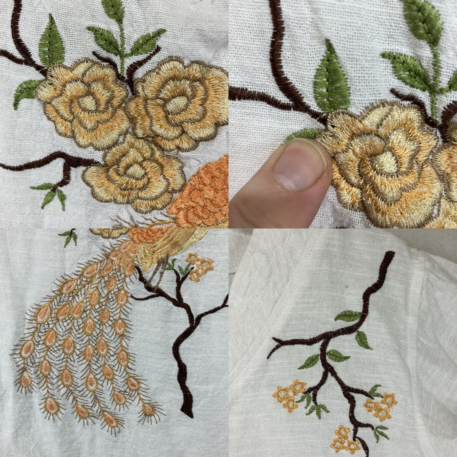 Vintage Pha Thai Shirt Women's Cotton White V-Neck Embroidered Golden Roses Peacock Casual Short Sleeve L Relaxed Regular Size Large Size L / US 10 / IT 46 - 8 Thumbnail