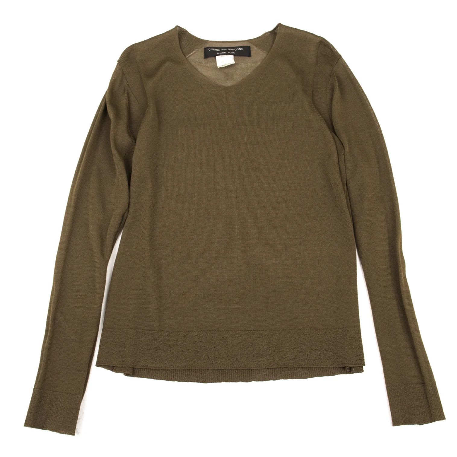 Comme des Garcons Homme Plus V-Neck Sheer Stretch Knit Sweater in Khaki, Size M Size US M / EU 48-50 / 2 - 1 Thumbnail