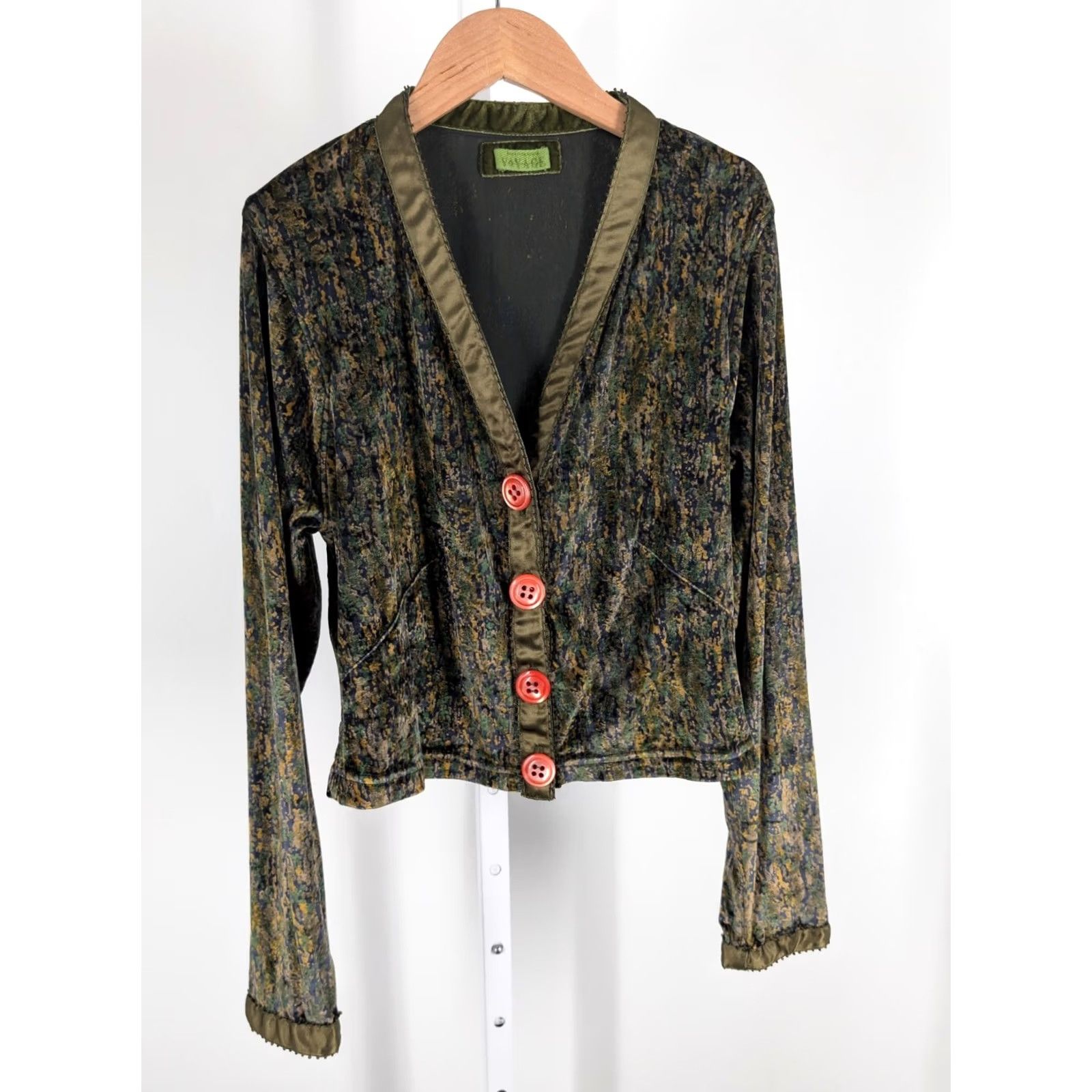 Velvet VINTAGE Voyage Jacket 90s Cropped Velvet Abstract Camouflage Print Green Bergdorf Goodman Collection Womens Size 1 Long Sleeve Bells Size XS / US 0-2 / IT 36-38 - 3 Thumbnail