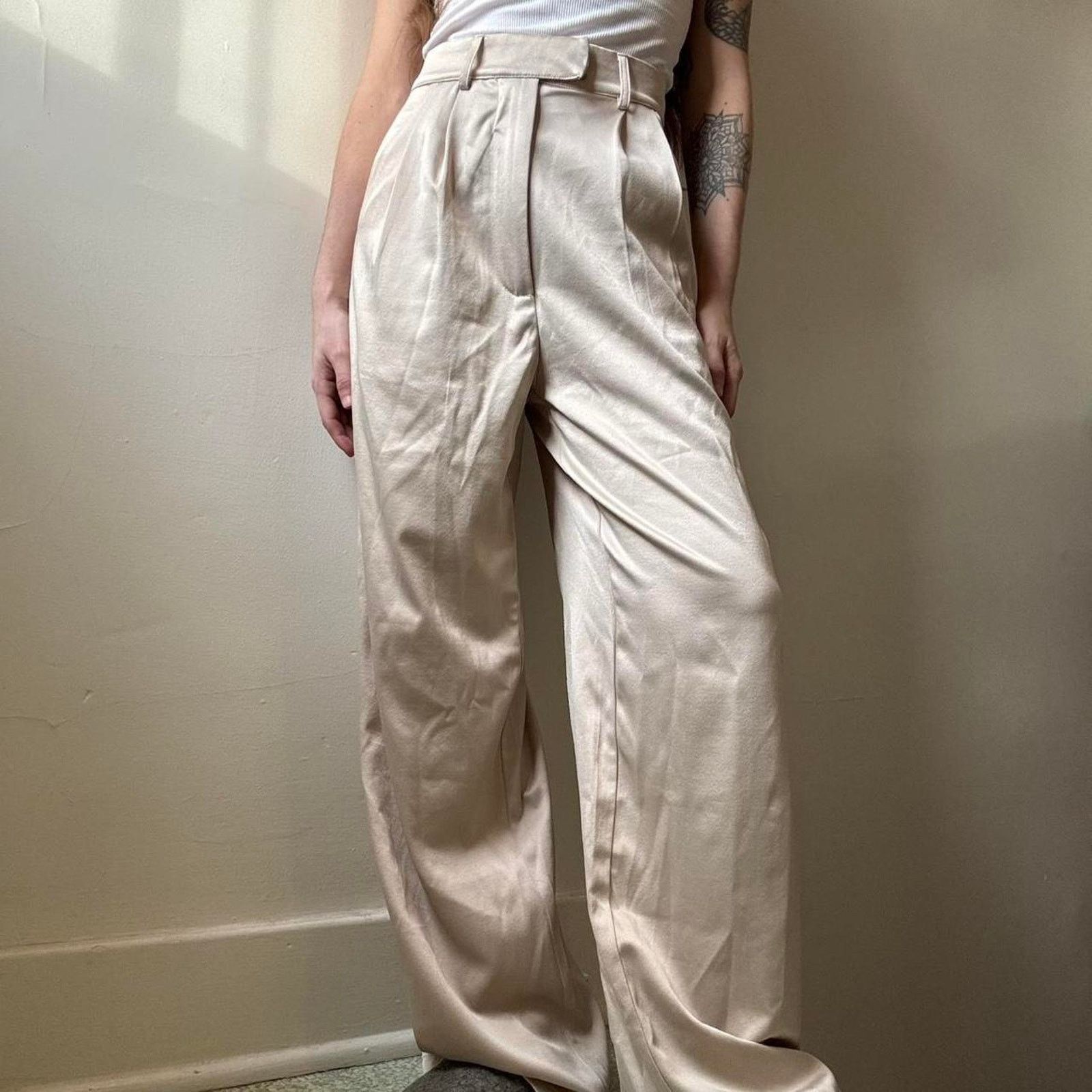 PRINCESS POLLY Princess Polly Champagne Satin High Waist Trousers 0 Size 25" / US 0 / IT 36 - 1 Thumbnail