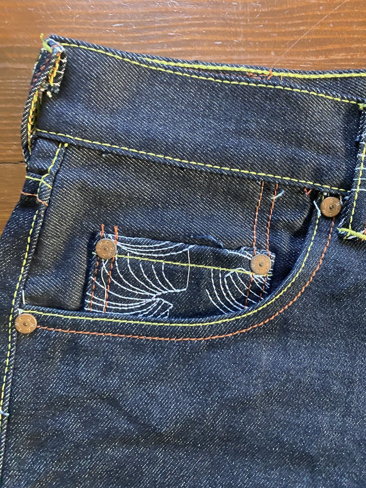 RMC Jeans Red Monkey Company Embroider Wide Denim Jean Shorts Selvedge Size US 39 - 7 Thumbnail