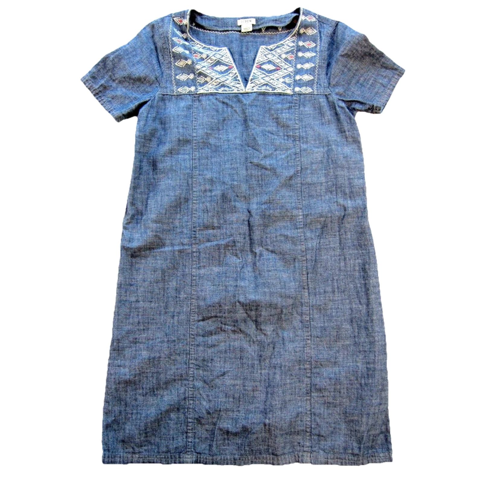 J.Crew VINTAGE J.Crew 100% Cotton Blue Embroidered Short Sleeve V-Neck Tunic Shift Dress XS Size 26" / US 2 / IT 38 - 2 Thumbnail