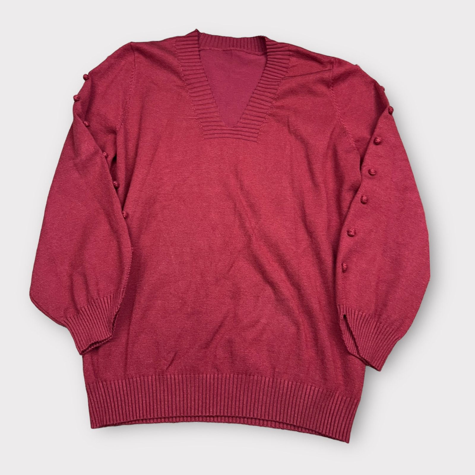Vintage Vintage 80s | Burgundy Pom Pom Accent Pullover V-Neck Size S / US 4 / IT 40 - 6 Thumbnail