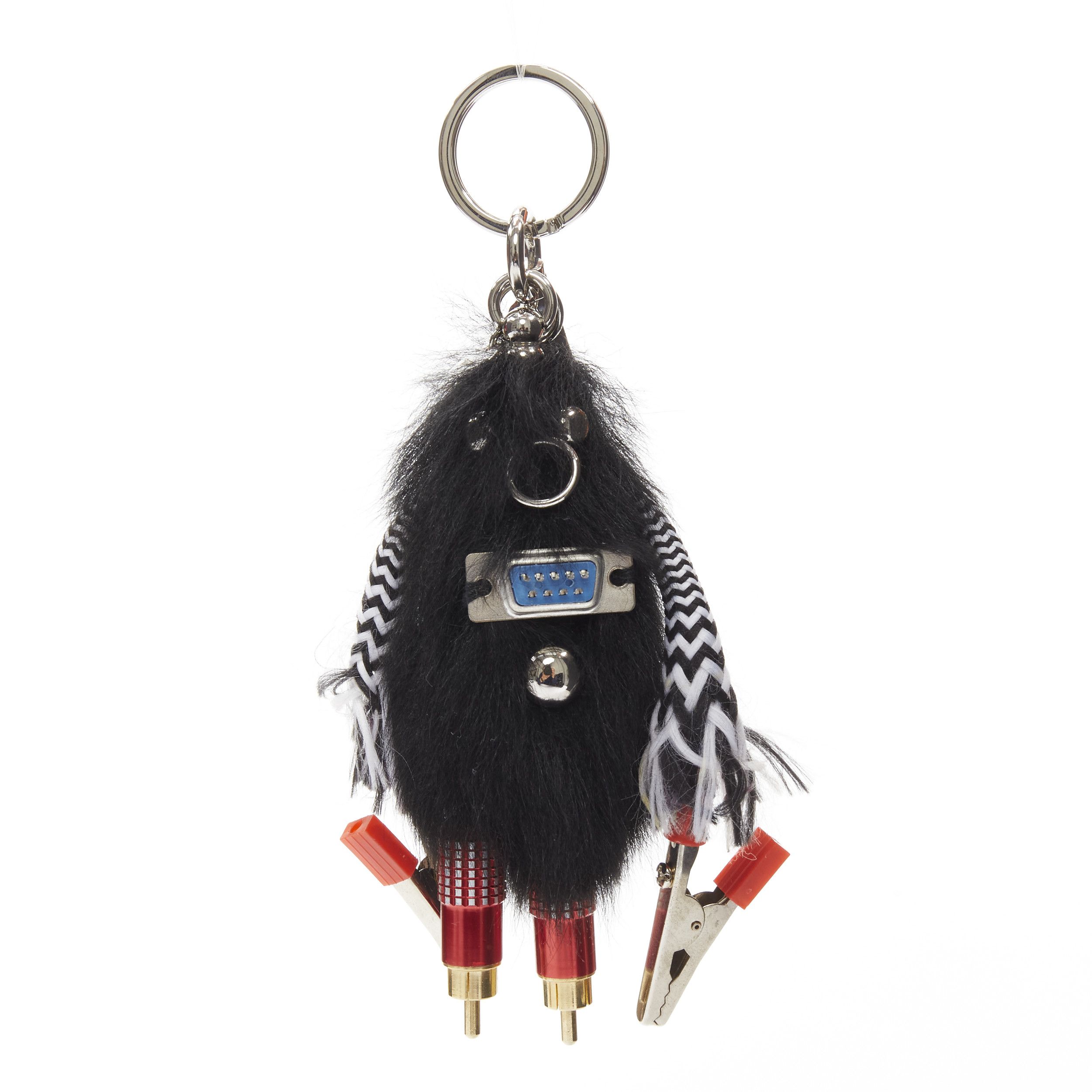 image of Prada Black Sheep Fur Bolt Hardware Hand Monster Robot Charm Key Ring, Women's