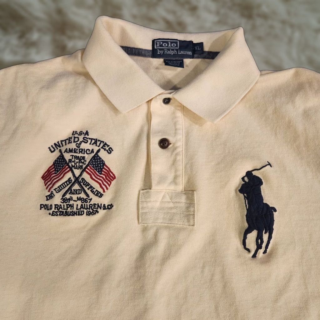 Polo Ralph Lauren VINTAGE Polo Ralph Lauren Polo USA Dry Goods Shirt Rugby Mens XL Embroidered Flag Ivory Size US XL / EU 56 / 4 - 1 Thumbnail