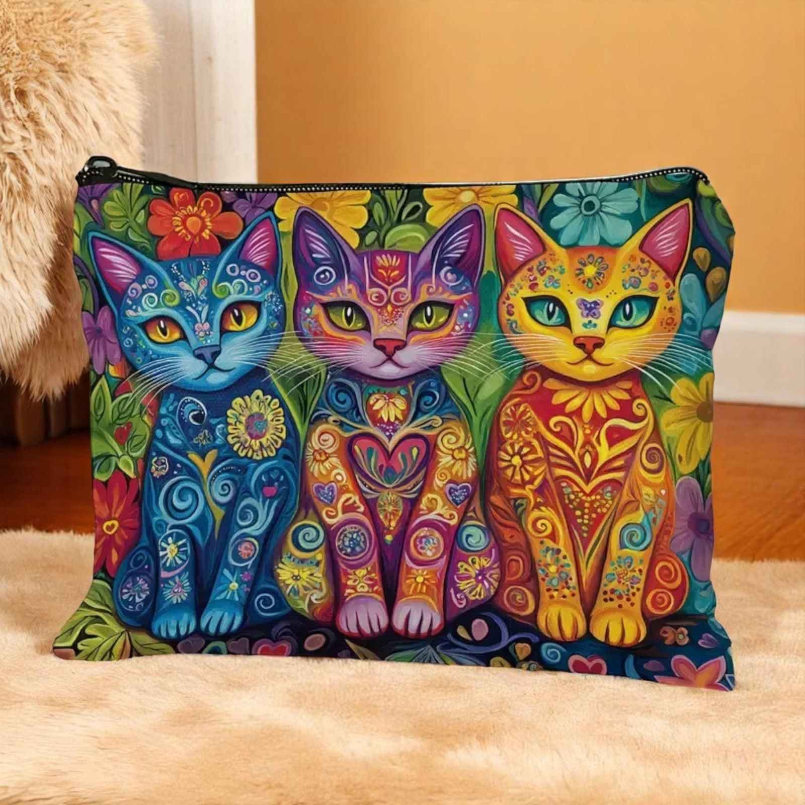 Other Cat Trio Psychedelic Makeup Bag Colorful Art Cosmetic Pouch Size ONE SIZE - 3 Thumbnail