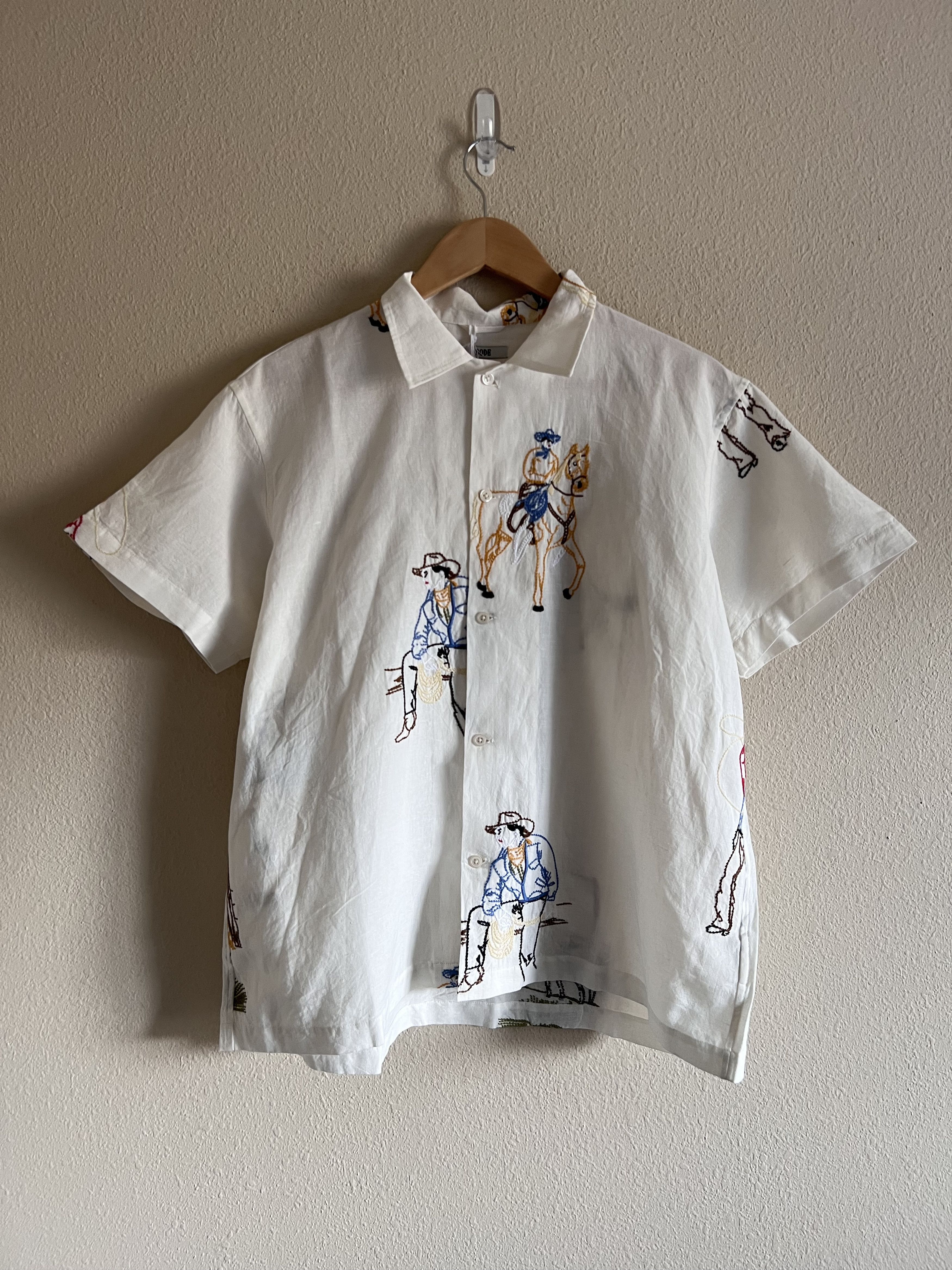 image of Bode Embroidered Buckaroo Ss Linen Shirt In White, Men's (Size XL)