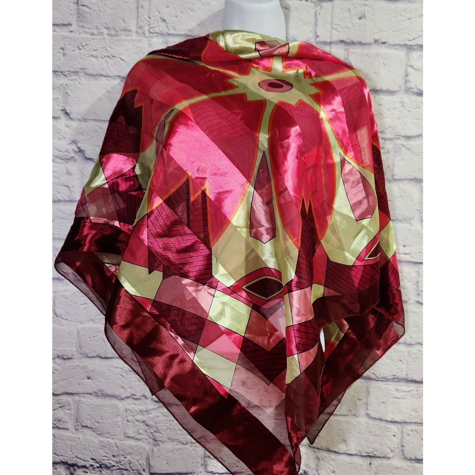 Other Burgundy Red Lime Green Geo Print Scarf Flowy Soft Sheer Size ONE SIZE - 1 Preview