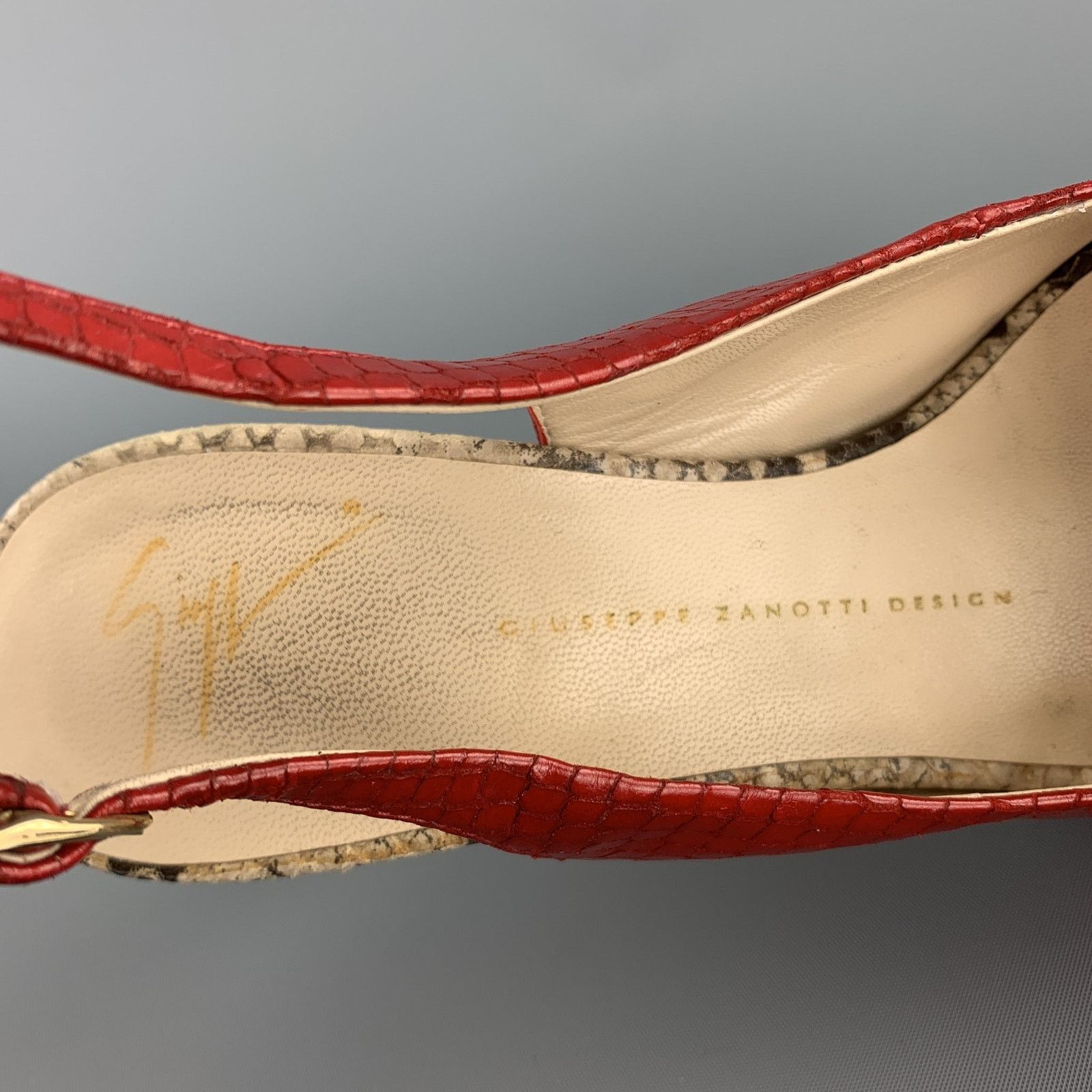 Giuseppe Zanotti 8 Red & Beige Snake Skin Slingback Peep Toe Pumps Size US 8 / IT 38 - 6 Thumbnail