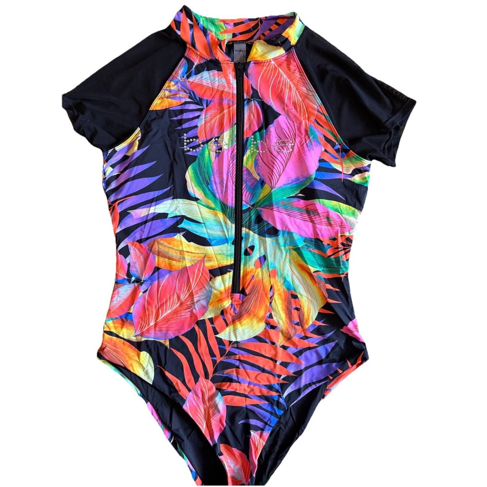 Bebe Bebe 1/2 Zip Swimsuit Size XL Tropical Print Mesh Sleeves Size ONE SIZE - 2 Thumbnail